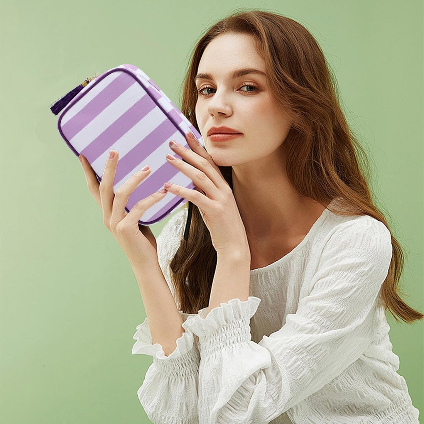Stripe Makeup Bag Travel Cosmetic Bag Organizer Tassel Toiletry Bag Large Canvas Zipper Pouch and Accessories Storage Bag for Women