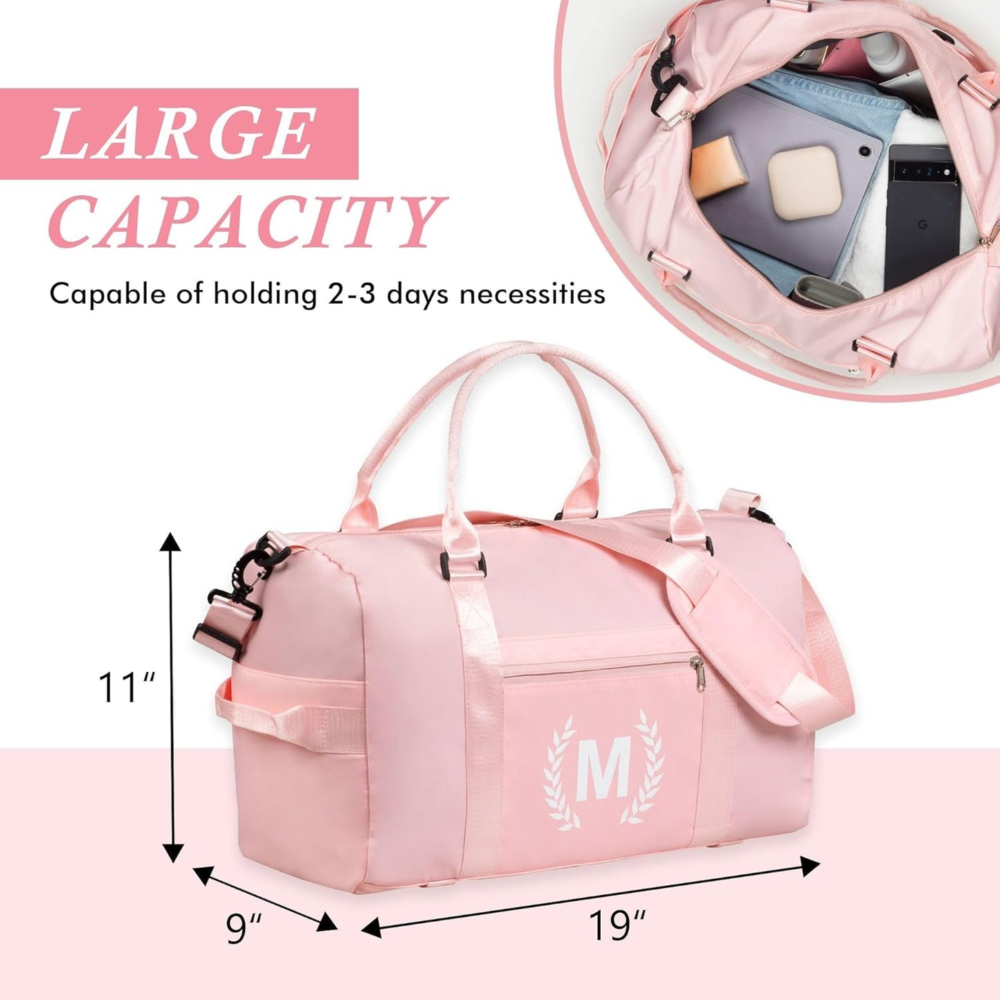 Gym Bag for Women, Personalized Duffle Bag with Shoe Compartment for Yoga & Dance with Wet Pocket and Mat Strap.