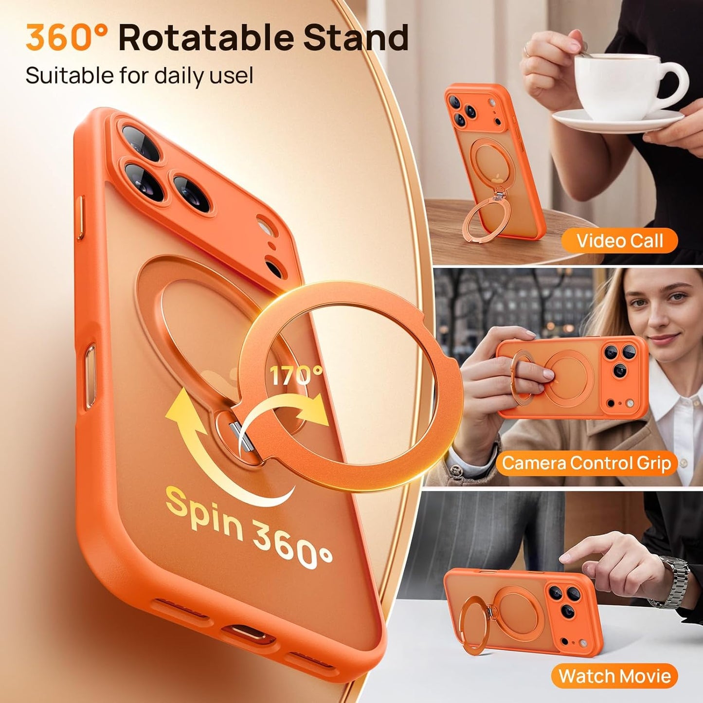 360° Spin Magnetic Stand for iPhone 17 Pro Max Case, [Fit for MagSafe][Military Protection][Full Camera Protection] Adjustable Kickstand iPhone Case for iPhone 17 Pro Max 6.9", Cosmic Orange