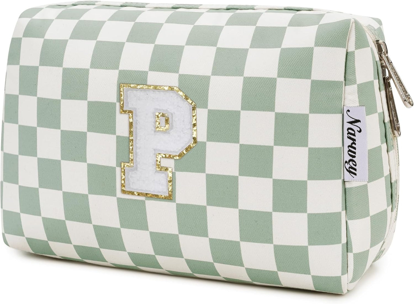 Narwey Personalized Initial Makeup Bag Toiletry Bag Gifts for Women Girls Large Checkered Makeup Bag Zipper Pouch Travel Cosmetic Bag Organizer for Women (Mint Green Checkerboard Letter P)