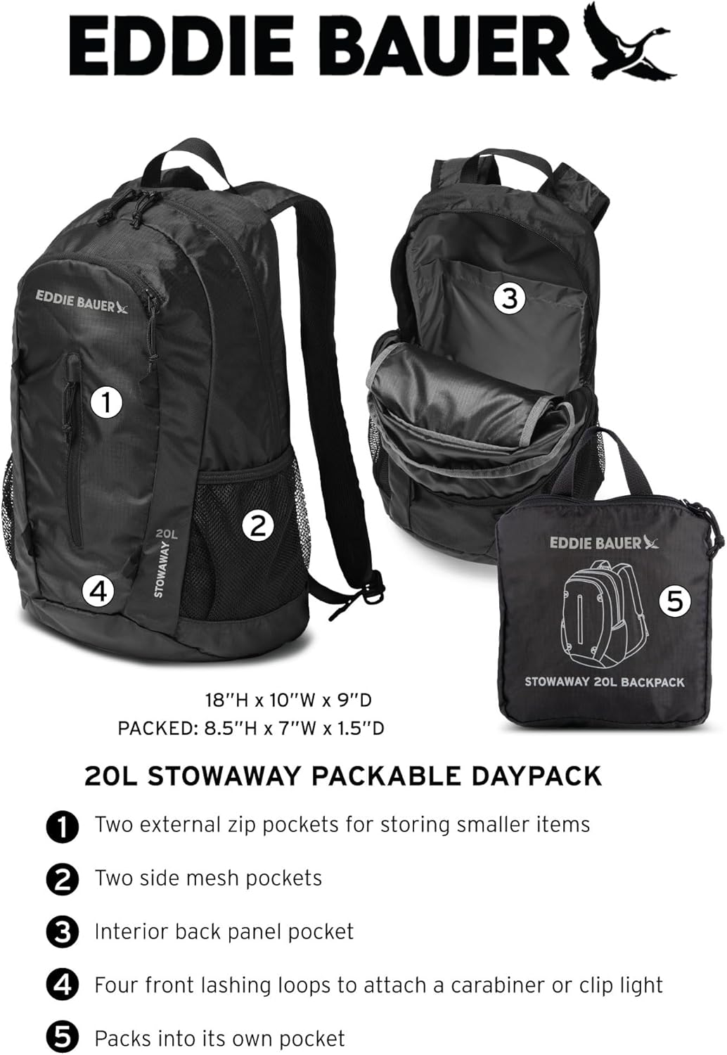 Eddie Bauer Stowaway Packable Backpack | Travel | Outdoor | Lightweight | Foldable | Durable |