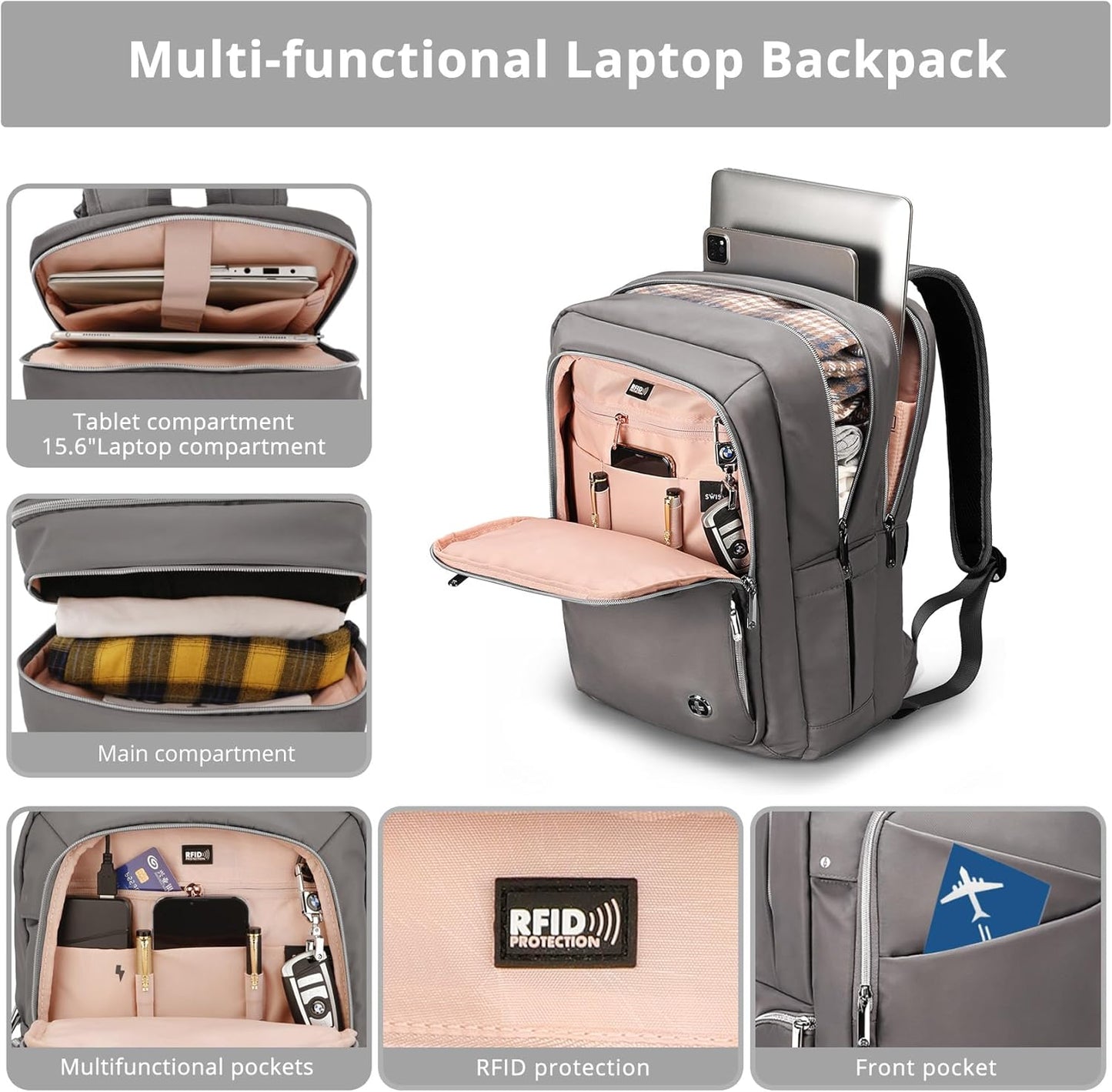 Swissdigital Design Laptop Backpack for Women，Travel Backpack with USB Charging Port，Fits 15.6 Inch School Computer Backpacks for Work Business,Grey | KATY ROSE