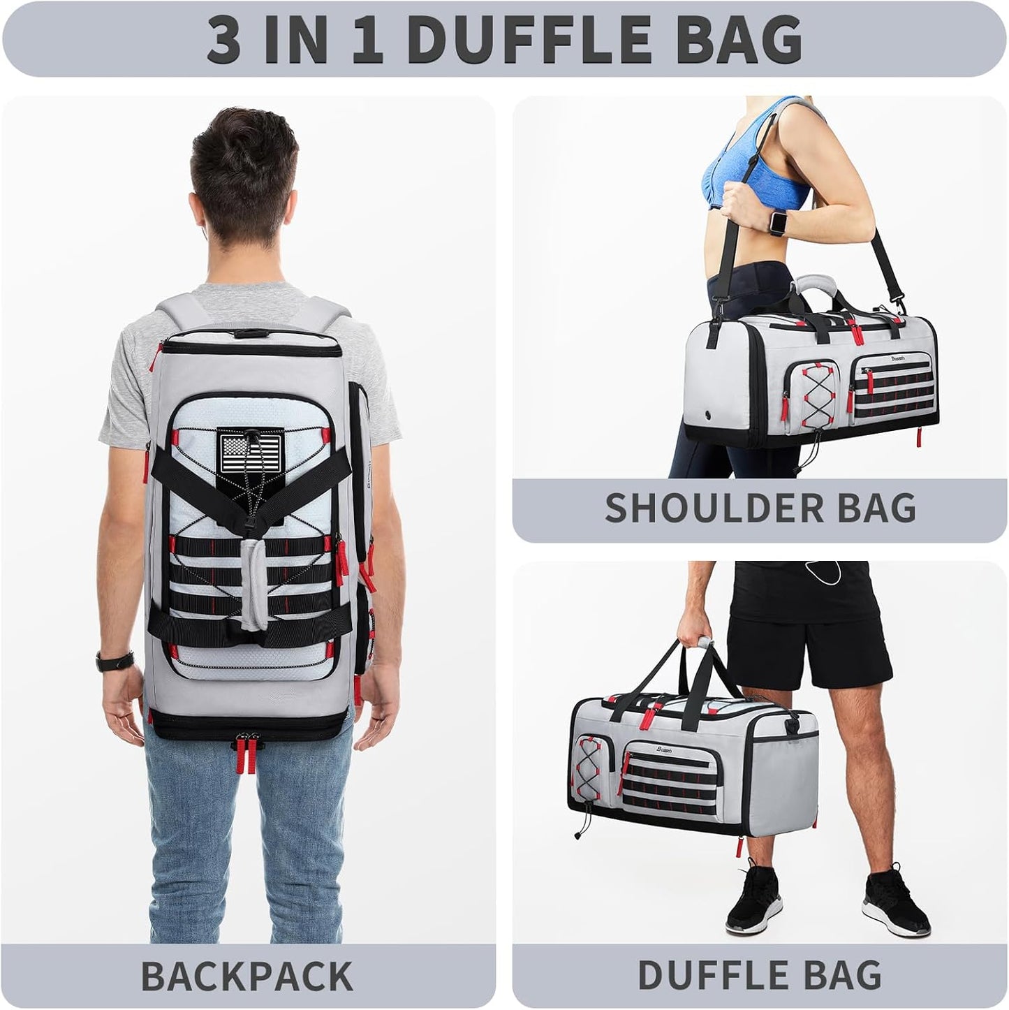 Bosstin Gym Bag for Men & Women, 45L Travel Duffle Sports Duffel Bag Gym Weekender Overnight Backpack with Shoe Compartment (Grey)
