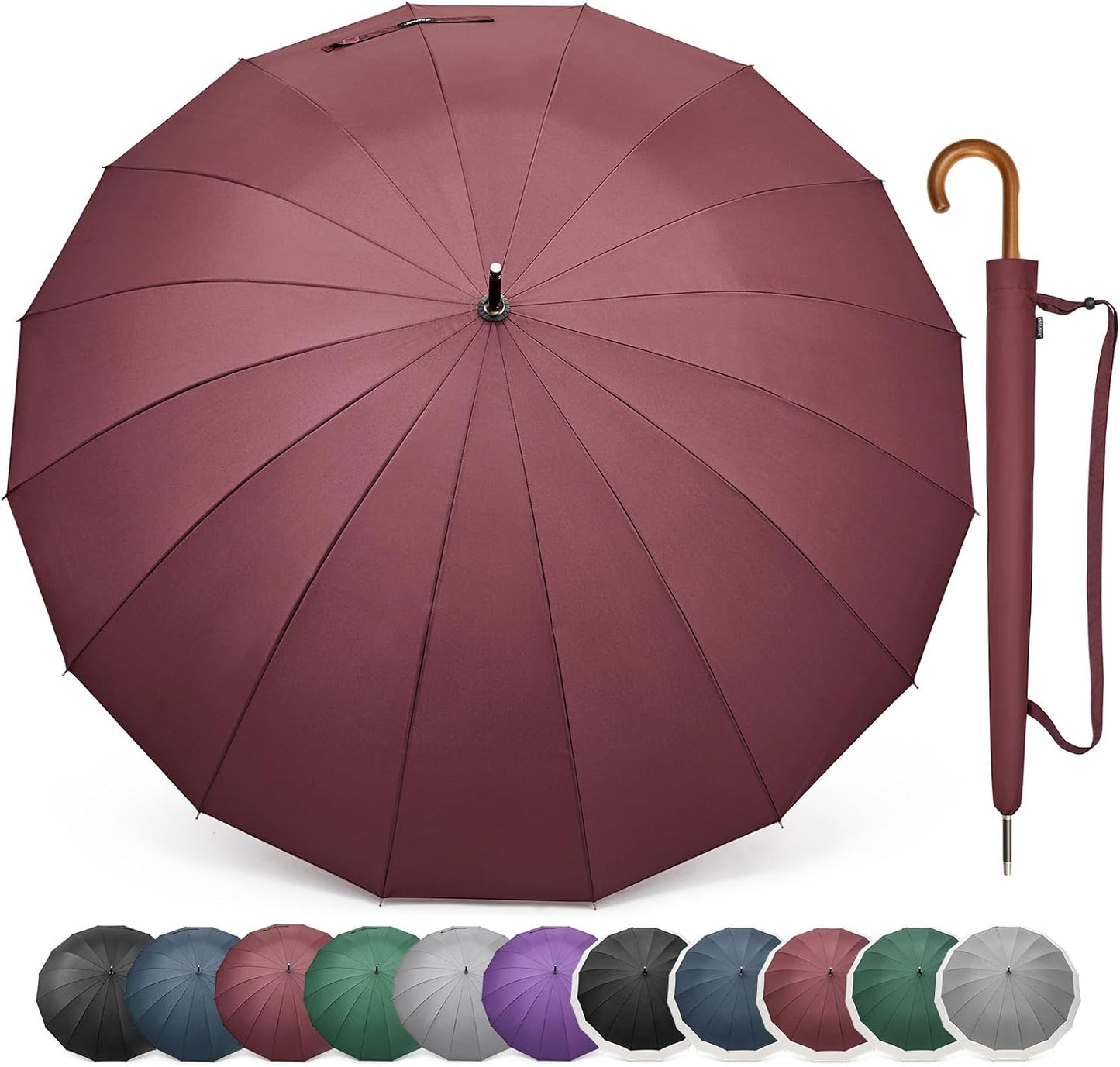 G4Free 54 Inch Large Windproof Umbrella for 2 Persons, 16 Ribs Auto Open Classic Wooden J Handle Cane Stick Golf Rain Umbrellas for Men Women Travel 120cm