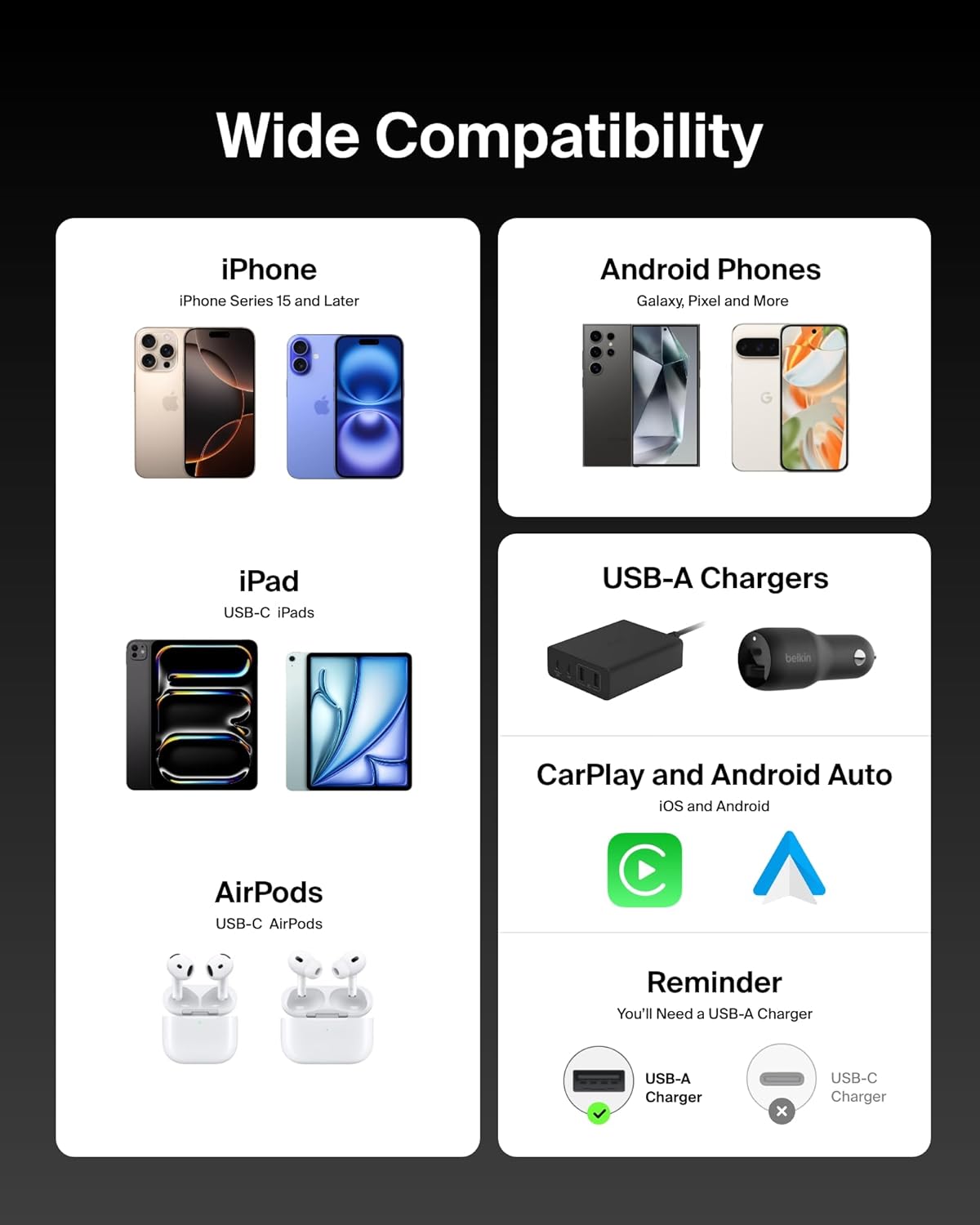 Belkin USB A to USB C Cable, 3.3ft, 15W - Type C Charger, iPhone Charger Cord, Soft, Braided, Flexible for iPhone 17 & 16, Galaxy S25, Pixel 10, iPad Pro, Airpods Pro, Switch & More - Black