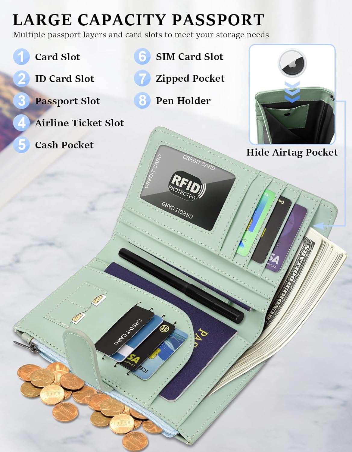 RFID Passport Holder for Women/Men Travel Gifts, Large Capacity Passport Wallet, Family Travel Documents Organizer with Card/Airtag Slots, Zipper coin pocket, Cash Holder Passport Cover Case (Green)