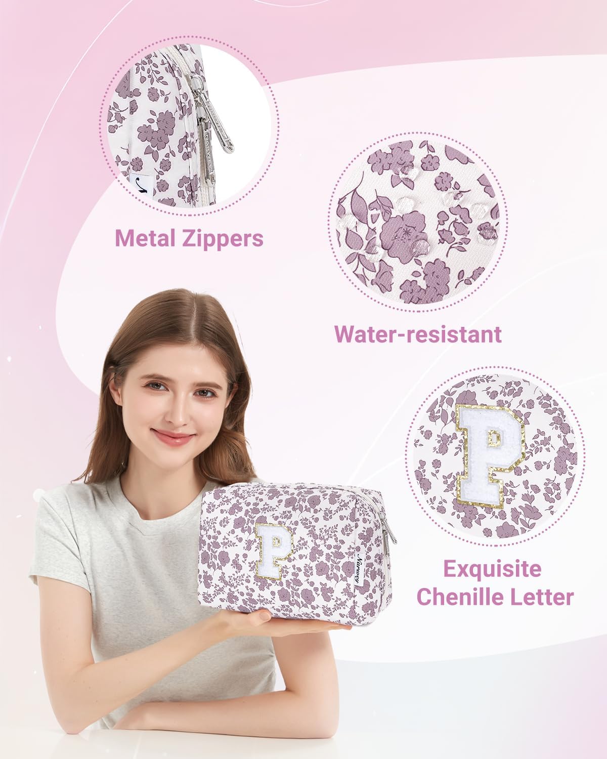 Narwey Birthday Gifts for Teen Girls Kids Women Personalized Initial Floral Makeup Bag Cute Cosmetic Trendy Stuff 6 8 10 11 12 13 14 16 18 Years Old Travel Toiletry Bag (Little Dusty Pink Flower P)