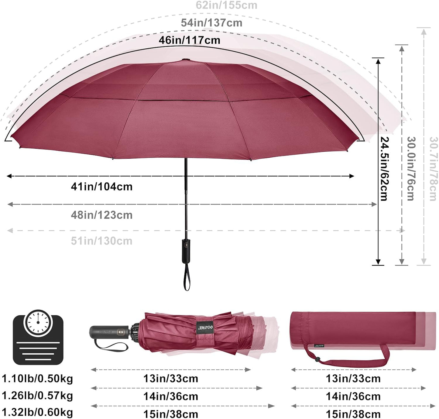 G4Free 42/46/54/62 Inch Large Golf Umbrella Compact Reverse Travel Umbrella 10 Ribs Windproof for Rain Double Canopy Automatic Open Close