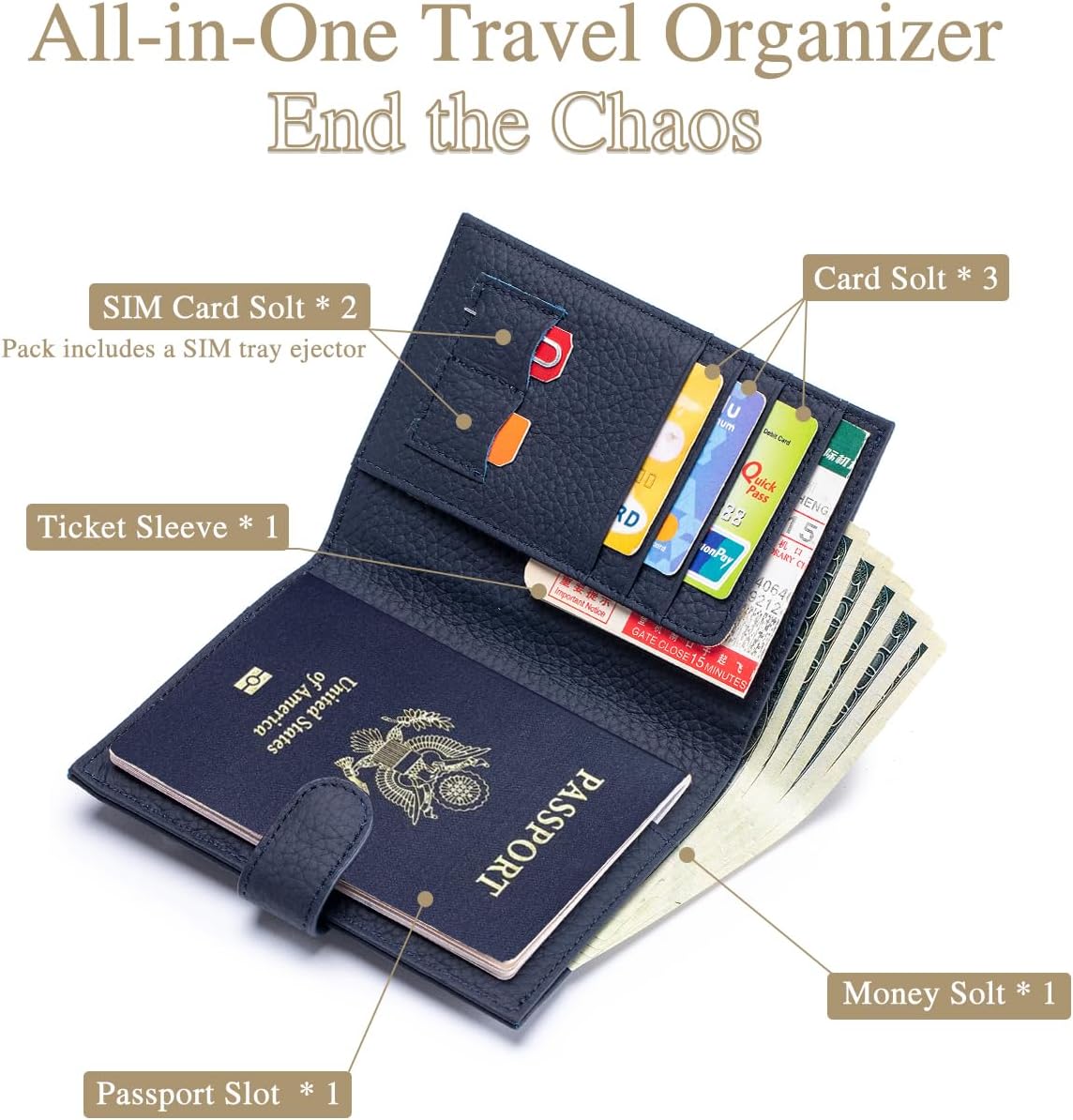 RFID Slim Leather Passport Holder for Travel Women & Men – Travel Wallet with Passport Slot & Card Slots, Zippered Coins Pocket and Cash Holder Christmas Gift Box (Sapphire Blue)