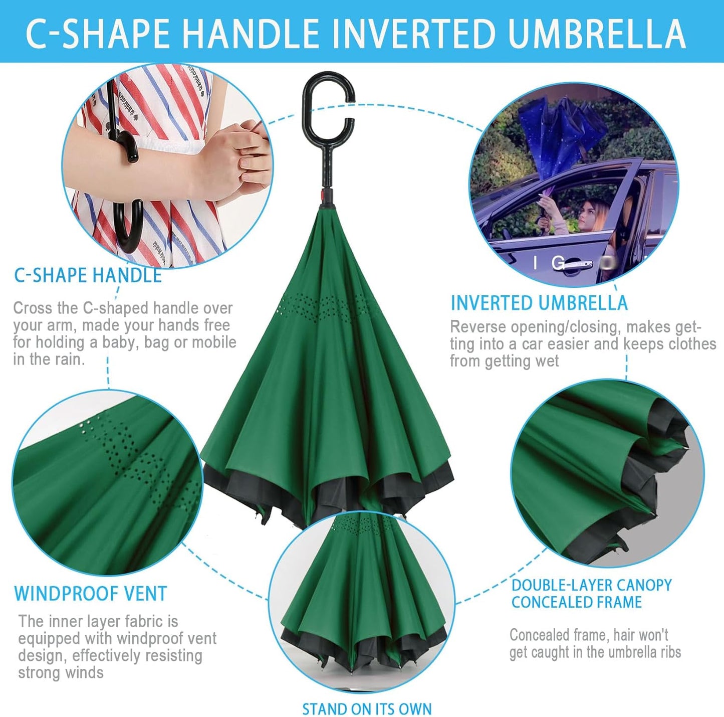 SIEPASA 49/56 Inch Inverted Reverse Upside Down Umbrella, Extra Large Double Canopy Vented Windproof Waterproof Stick Golf Umbrellas with C-shape Handle.