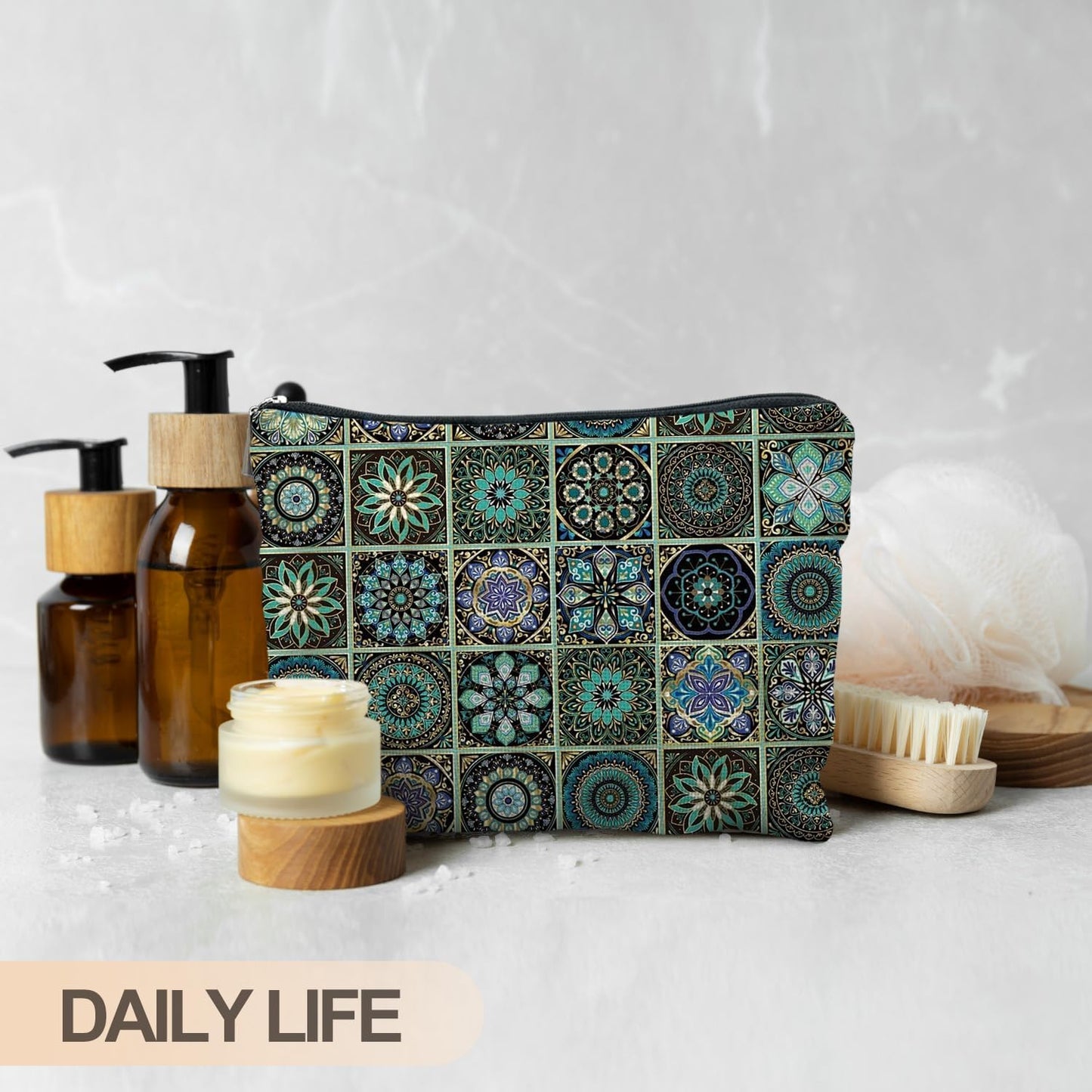 Vintage Boho Mandala Floral Makeup Bag, Ethnic Moroccan Mexican Talavera Tile Cosmetic Bags for Women, Mexican Gifts for Women, Traditional Green Block Print Zipper Makeup Pouch
