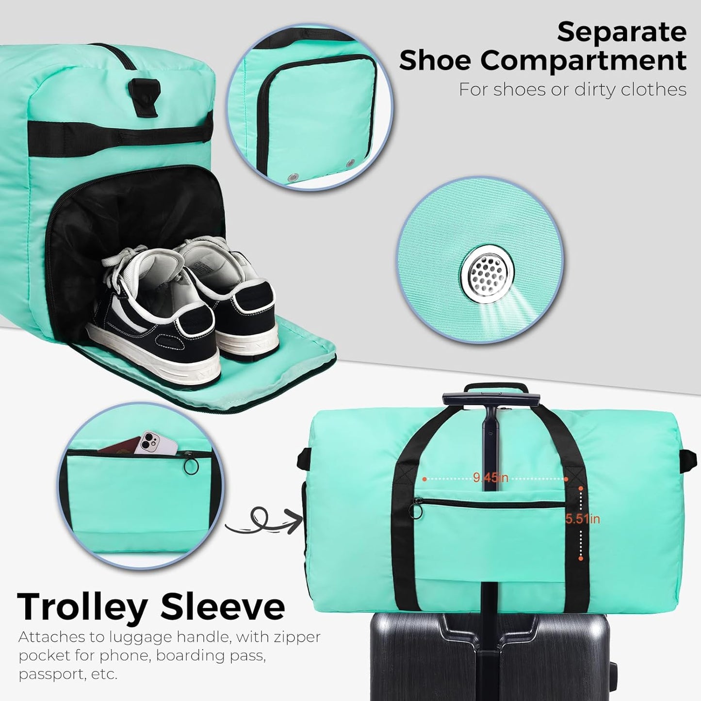 Fmeida 65L Duffle Bag with Shoes Compartment, Foldable Travel Duffel Bags for Men Women, Large Packable Travel Bag Water Repellent & Tear Resistant (Mint Green)