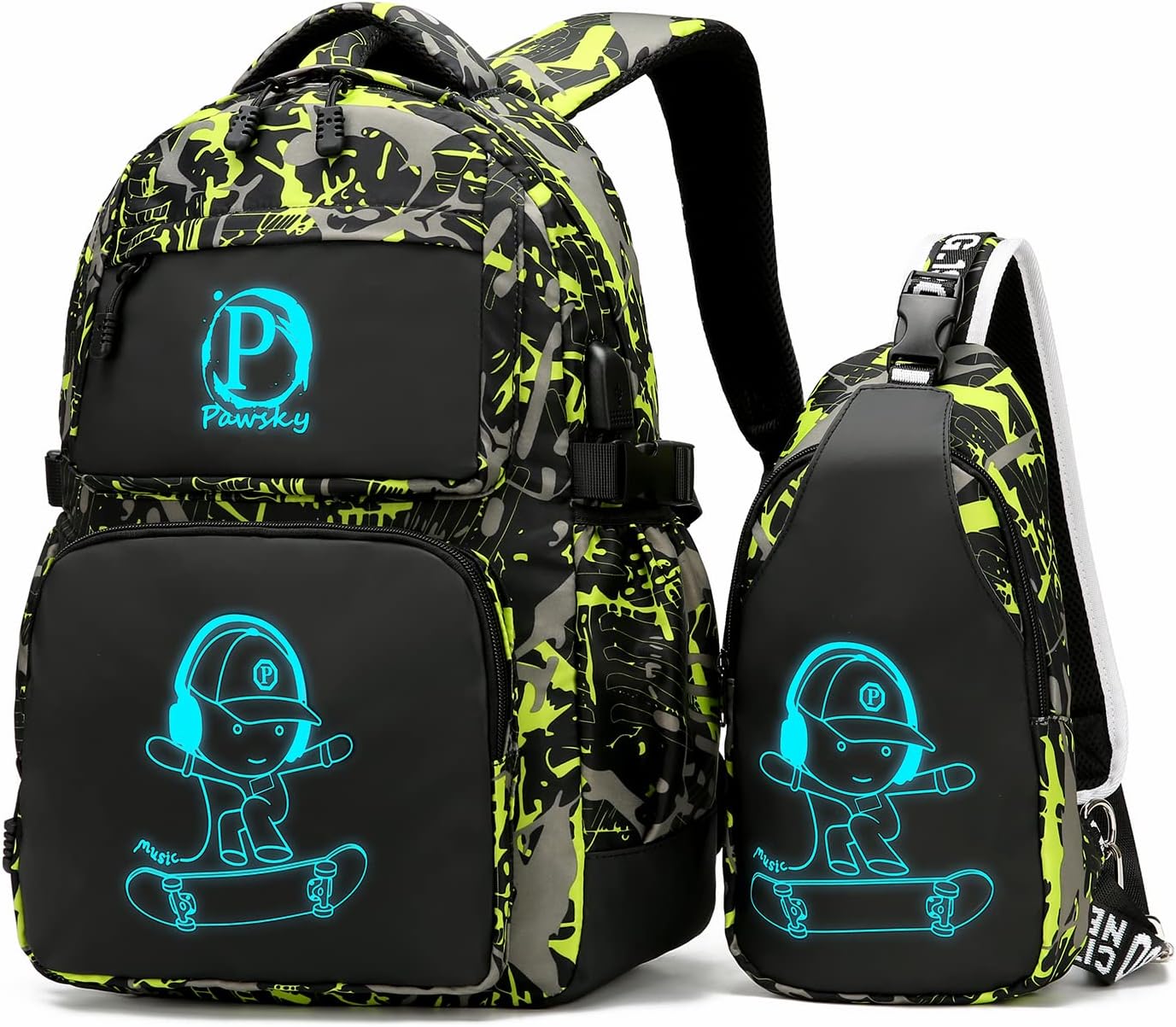 Kids Backpack for School, Boys Backpacks with USB Charging Port, College Elementary School Bookbag Lightweight Laptop Bag with Sling Bag, Green