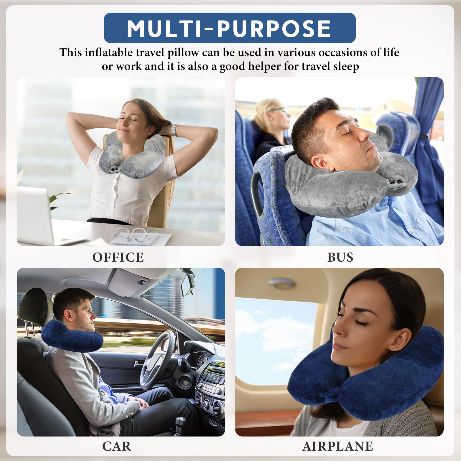 Sintuff 2 Inflatable Neck Pillow Airplane Travel, Light Gray and Dark Blue