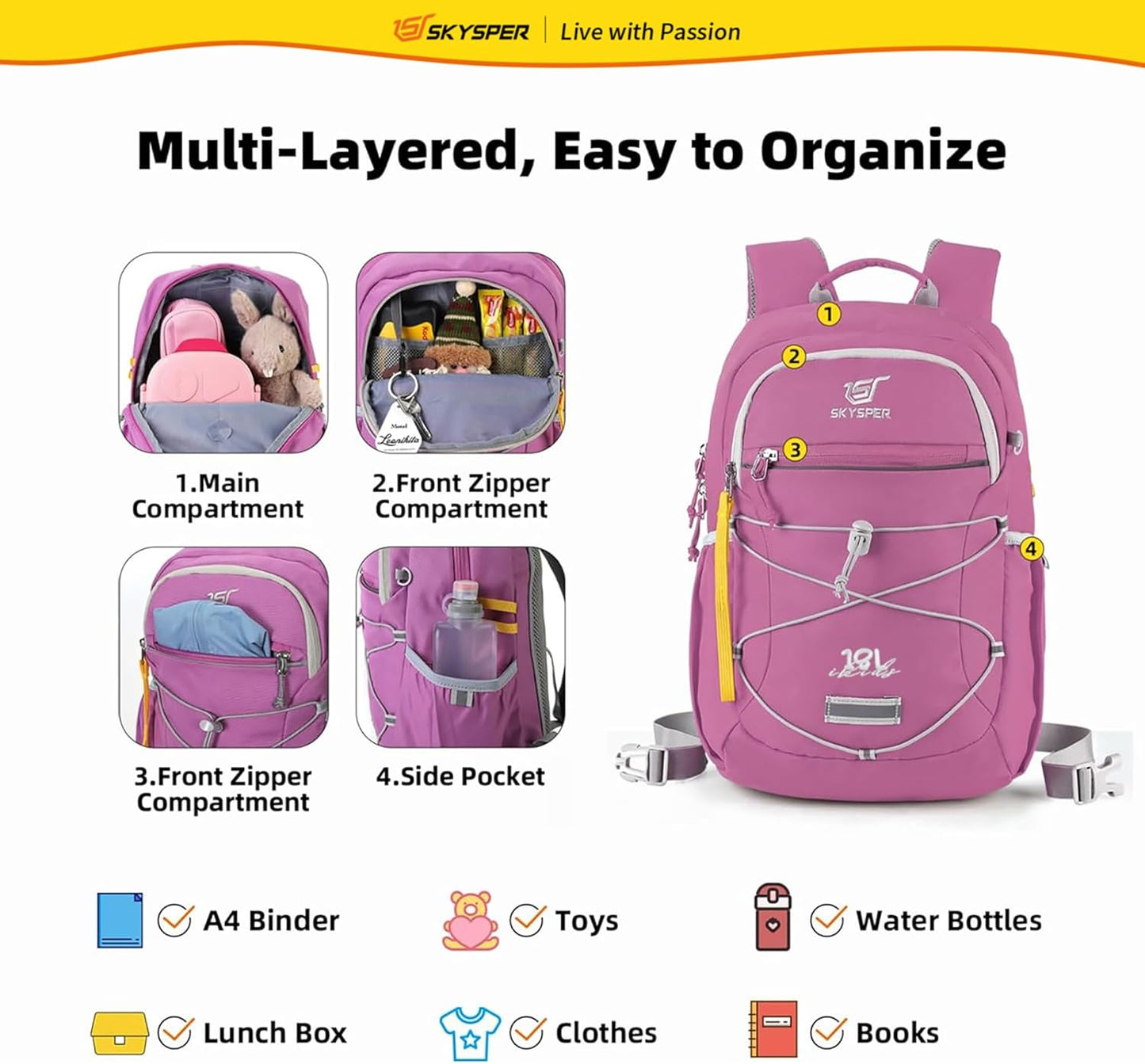 SKYSPER Kids Backpack 18L Children School Bag Child Boy Girl Pack Ages 4-8 for Traveling Day Trips Classes(Purple)