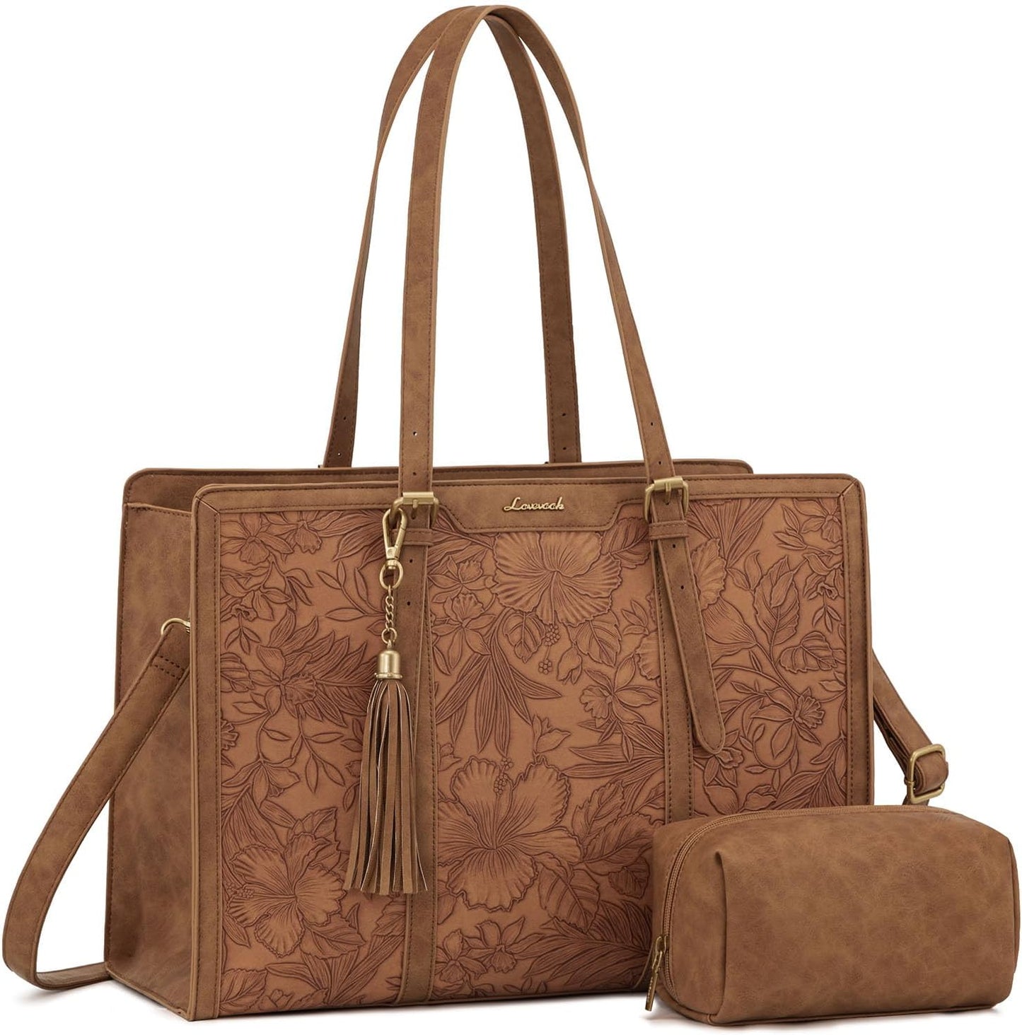 LOVEVOOK Laptop Bag for Women Vintage Leather Work Tote 15.6 inch Large Capacity Computer bag with
