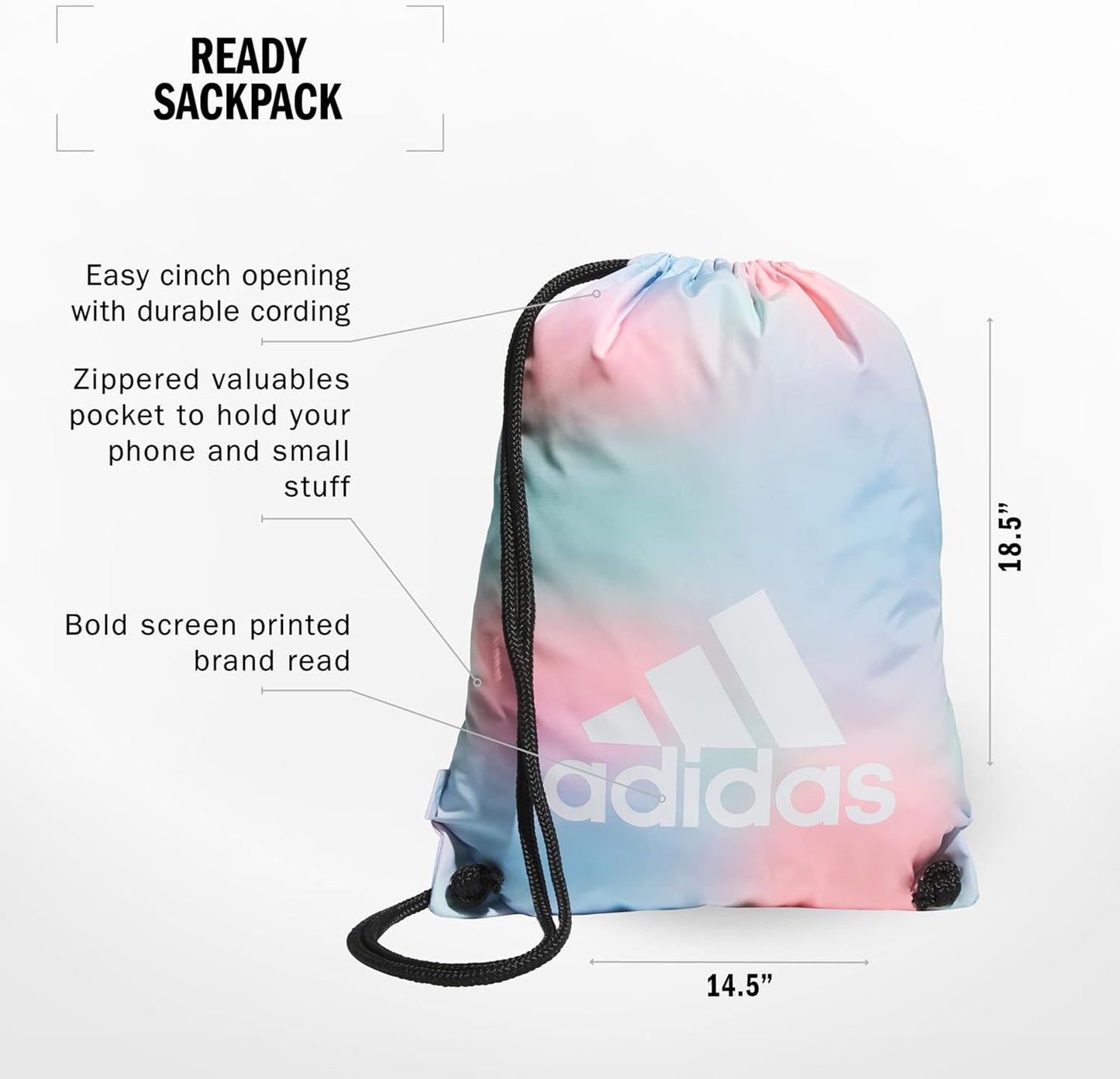 adidas Ready Sackpack – Drawstring Backpack Lightweight Small Gym Bag, Dazed Gradient Clear Sky/White/1.0, One Size