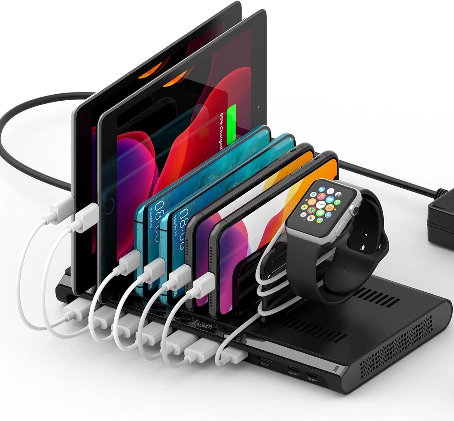 Alxum 96W 10 Port USB Charging Station for Multiple Devices, Multi Charge Station with QC 3.0 Fast Charge and 2 * 18W PD Charging Port for Laptops, Phones, Tablets, and More