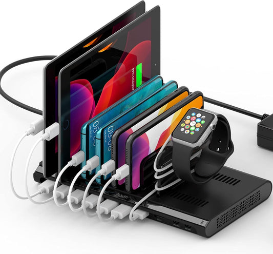 Alxum 96W 10 Port USB Charging Station for Multiple Devices, Multi Charge Station with QC 3.0 Fast Charge and 2 * 18W PD Charging Port for Laptops, Phones, Tablets, and More