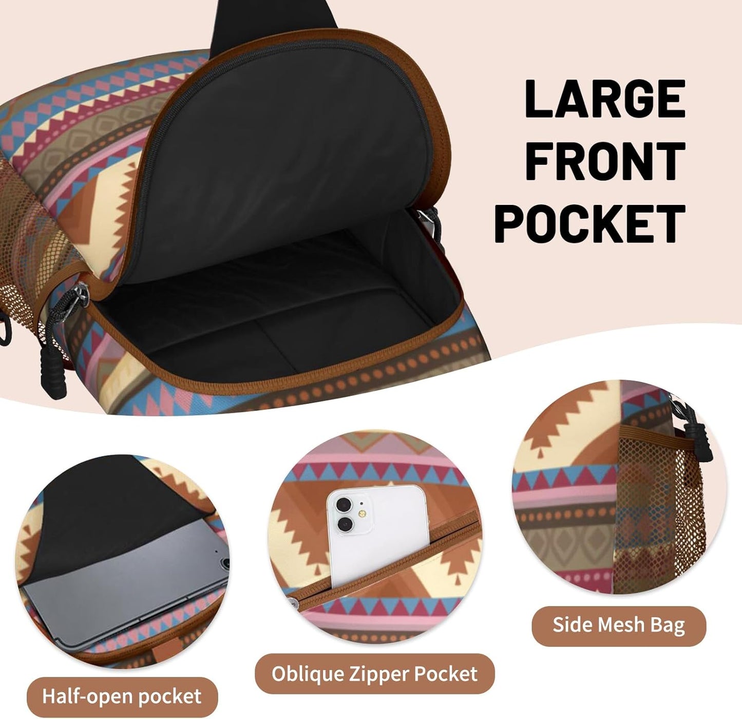 Colorful Boho Sling Bag Crossbody Chest Bag for Women Men, Water Resistant Lightweight Casual Crossbody Bag with Adjustable Strap, Travel Hiking Daypack Shoulder Backpack