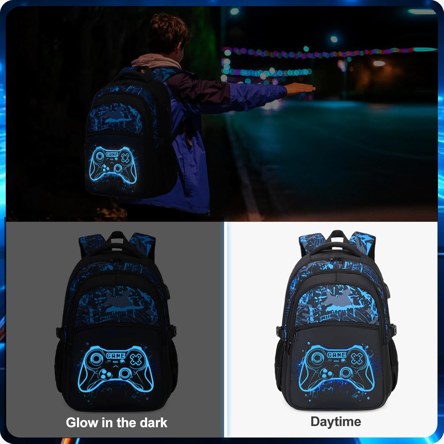 Boys Backpack for School, 3PCS Cool Luminous Gamer Backpack for Boys with Lunch Box Pencil Case, Kids Backpacks Bookbag for Teen Boy Elementary Middle High School with USB Charging Port