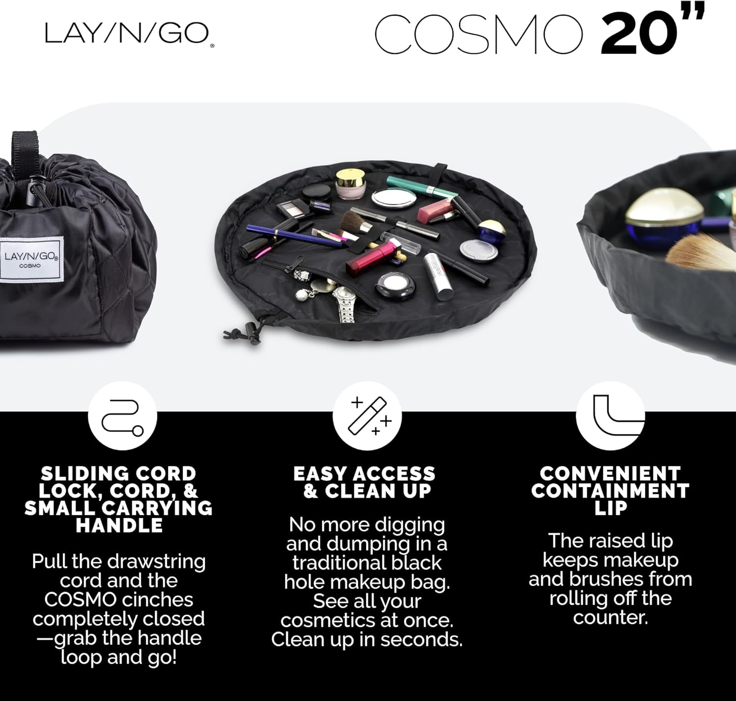 Lay-n-Go Cosmo Layflat Drawstring Cosmetic & Makeup Bag Organizer w/Zipper Pocket, Brush Loops &