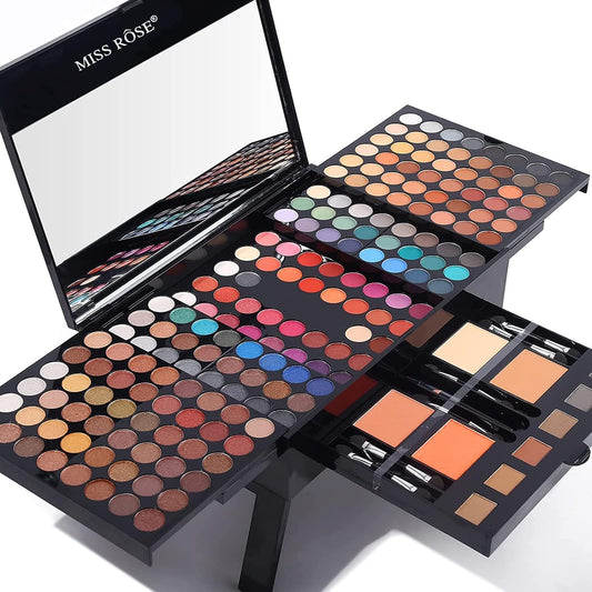 MISS ROSE 190 Colors Cosmetic Make up Piano Box Set,Combination with Eyeshadow /Facial Blusher /Eyebrow Powder /Eyeliner Pencil /Mirror,All-in-1 Makeup Gift Set (Color A)