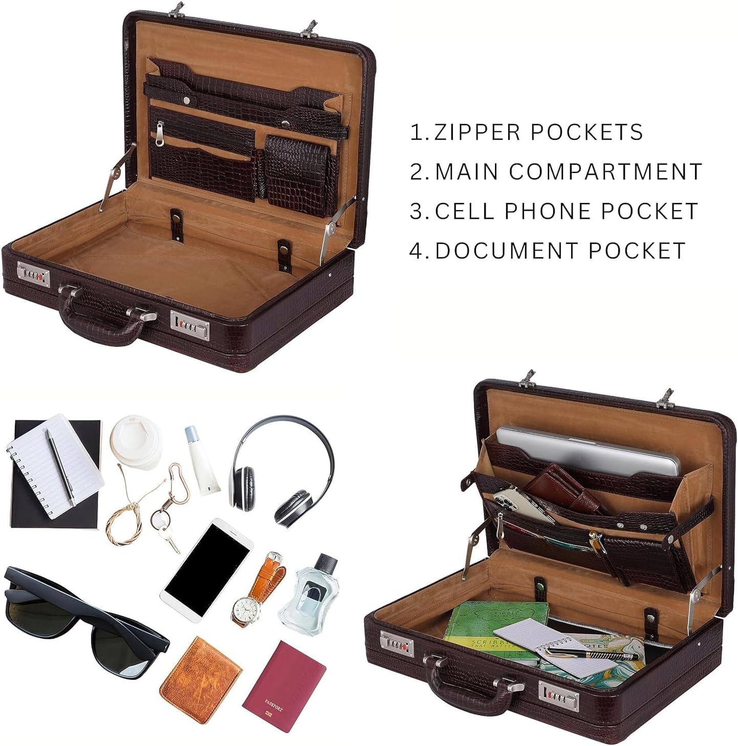 Full Grain Leather Briefcase Attache Case For Unisex Size L18 * W5 * H12 Inches Expandable