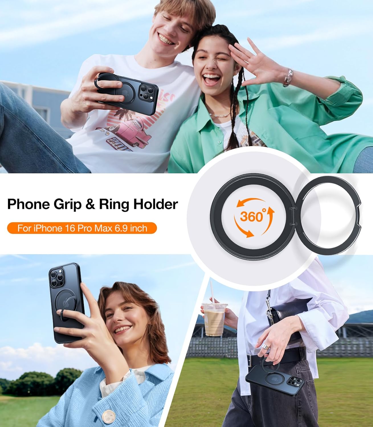 TORRAS Upgraded 360 Rotatable Magnetic Ring for iPhone 16 Pro Max Case, Fit for MagSafe with Stand Ring Holder, 16FT Mil-Grade Shockproof Translucent for iPhone 16 Pro Max Phone Case Ostand, Black