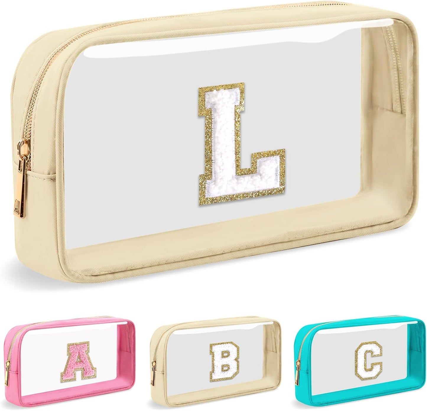 Personalized Initial Letter Clear Makeup Bag,Preppy Small Nylon&PVC Cosmetic Zipper Bag with Chenille Letter,Portable Beach Travel Skincare Toiletry Bag,Trendy Monogram Gift for Teen Girls Women,L