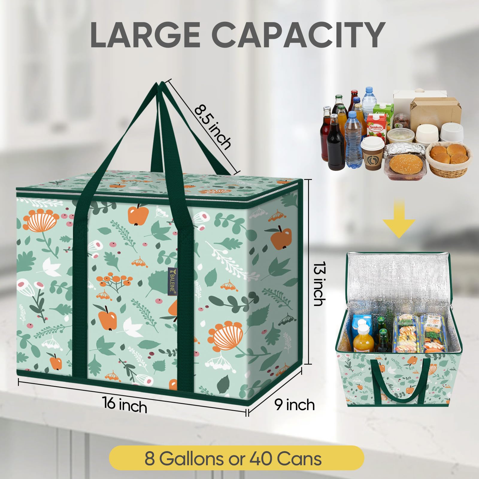 BALEINE 2Pk Insulated Reusable Grocery Bags, Collapsible Cooler Bag for Groceries, Heavy Duty Large