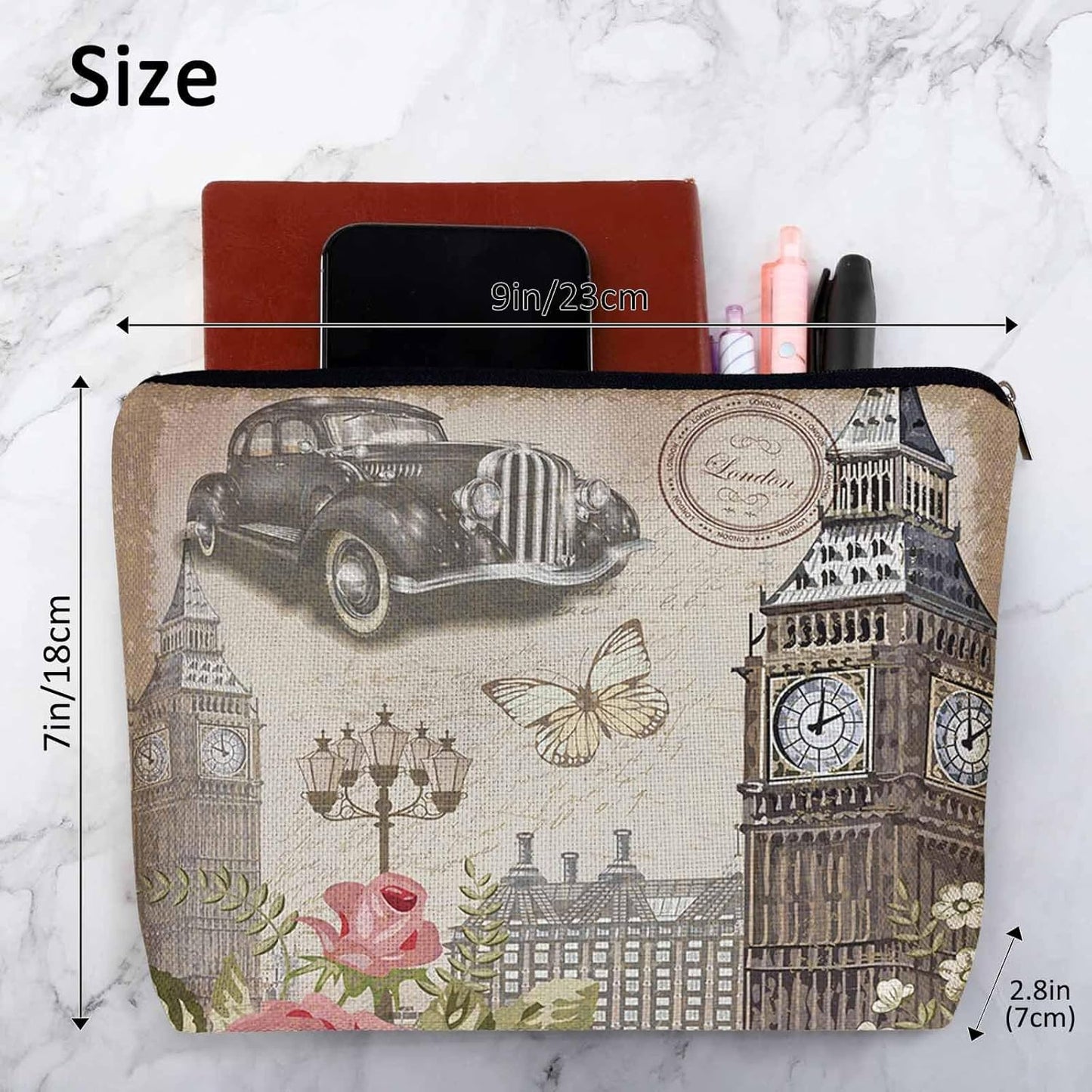 London Cosmetic Bags For Women, Vintage London Retro Car Big Ben Rose Roomy Makeup Bag Toiletry Bag Accessories Organizer Storage Bags Makeup Pouch For Travel Business Gym Camping Bathroom