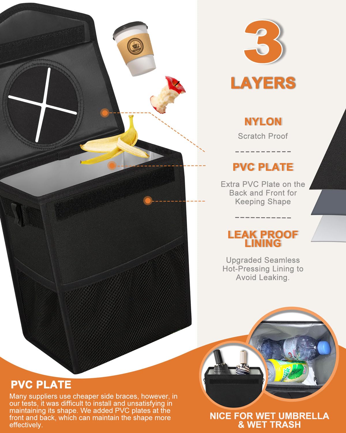 Pritent Car Trash Can with Lid Leakproof Car Garbage Bag Vehicle Trash Bin