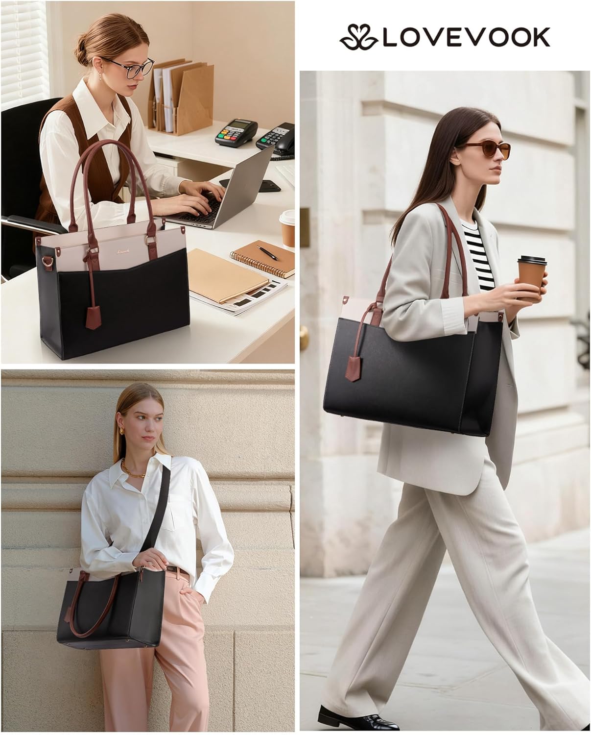 LOVEVOOK Laptop Bag for Women, 2-in-1 Tote Purse with Clutch & Cup Holder, Waterproof Briefcase for Work Travel