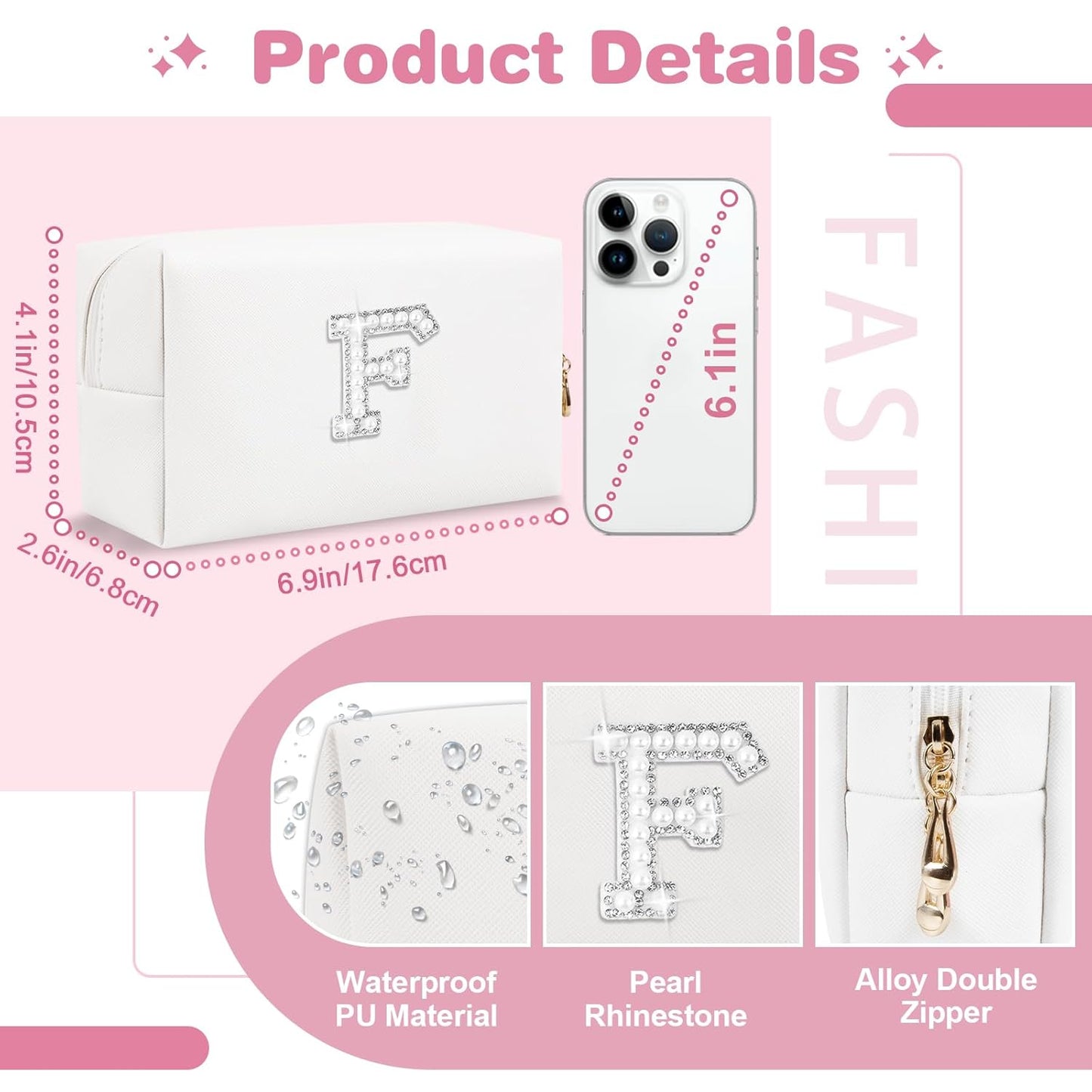 Bride Gifts – Personalized Initial Makeup Bag with Pearl Rhinestone Patch, Preppy White Monogram Cosmetic/Toiletry Pouch, bridesmaid Gifts, Bridal Shower Gifts, Wedding Gifts, Bridal Gifts,F
