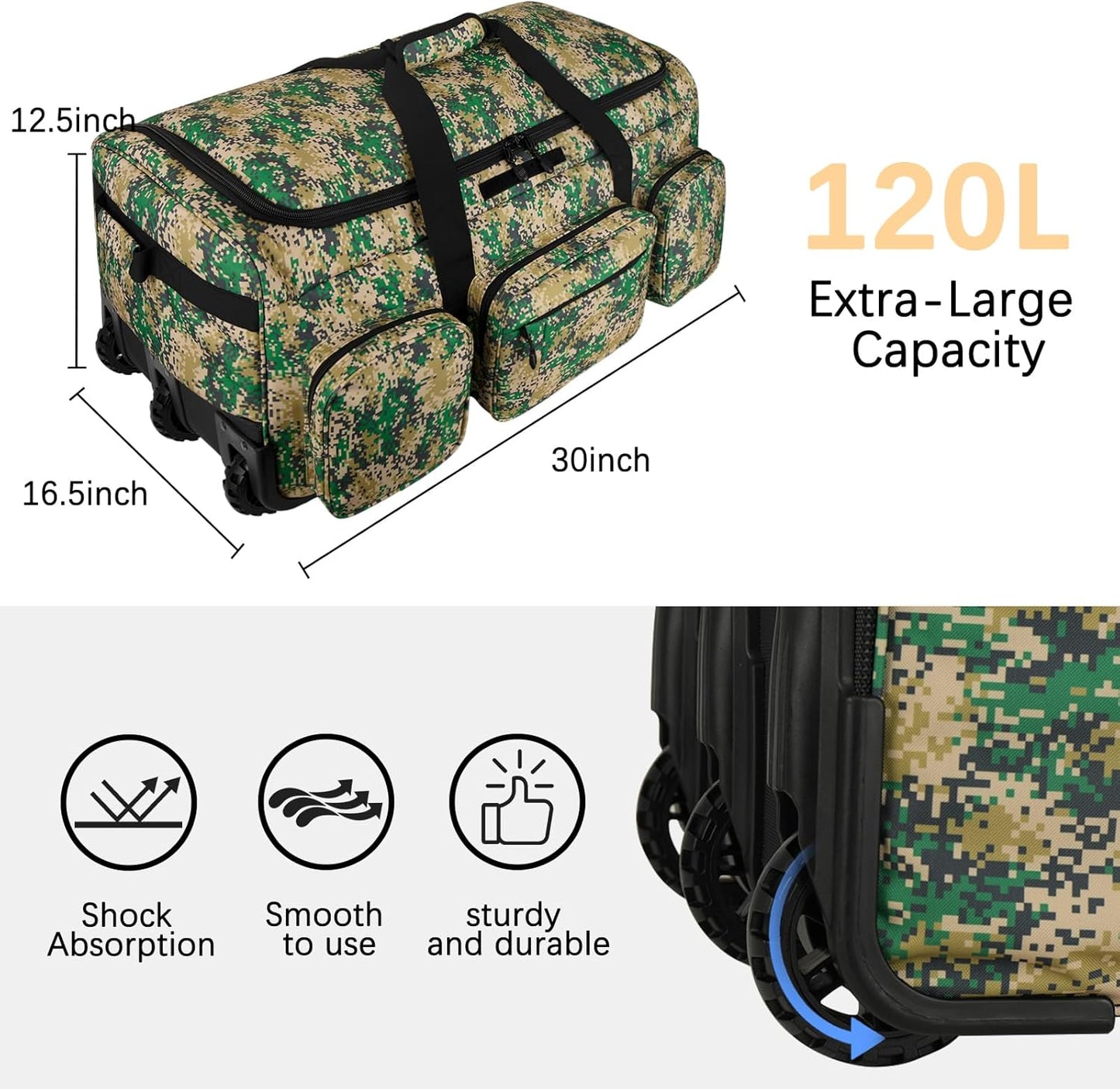 Rolling Duffle Bag with Wheels, 120L Military Luggage Bag for Travel,Large Tactical Heavy Duty Duffel Bags for Deployment Camping Sporting & Outdoor Adventures