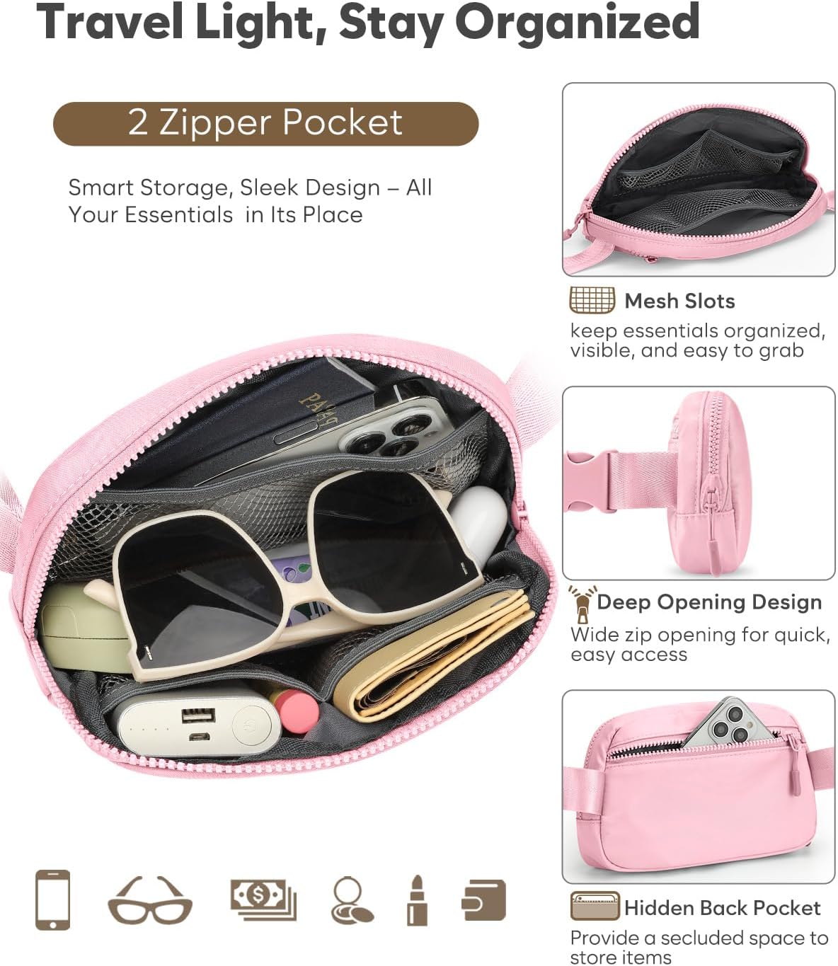 Fanny Packs for Women Cross Body Bag Waterproof Belt Bag with Adjustable Strap and Zipper Back Pocket Small Crossbody Bags Fashion Waist Packs for Workout Travelling(Light Pink)