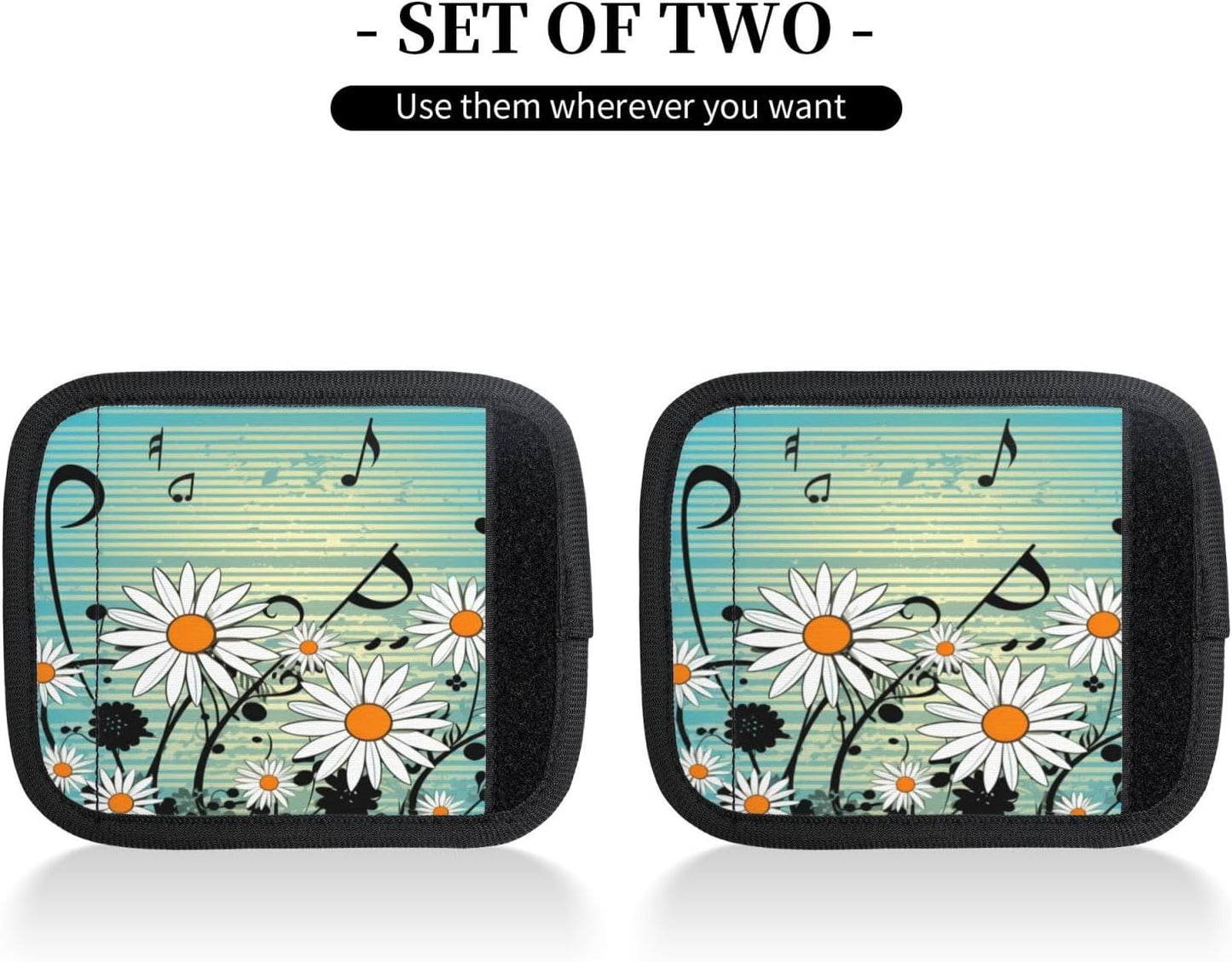 Luggage Handle Wraps Music Notes Daisy Flowers Blue Luggage Identifiers Soft Neoprene Luggage Handle Wraps For Suitcase Trolley Handle Grip Cover 2 Pack Luggage Tags