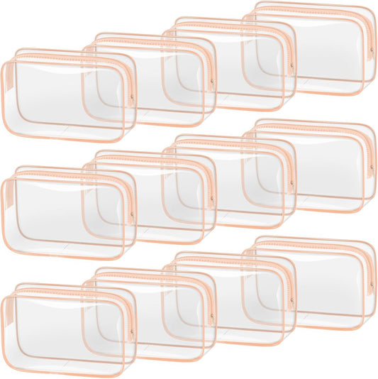 TISRATOK 12 PCS Clear Makeup Bag for Women with Zipper, TSA Approved Toiletry Pouch, Cosmetic Bag Bulk for Travel Organizer Essentials - Orange-pink, Medium