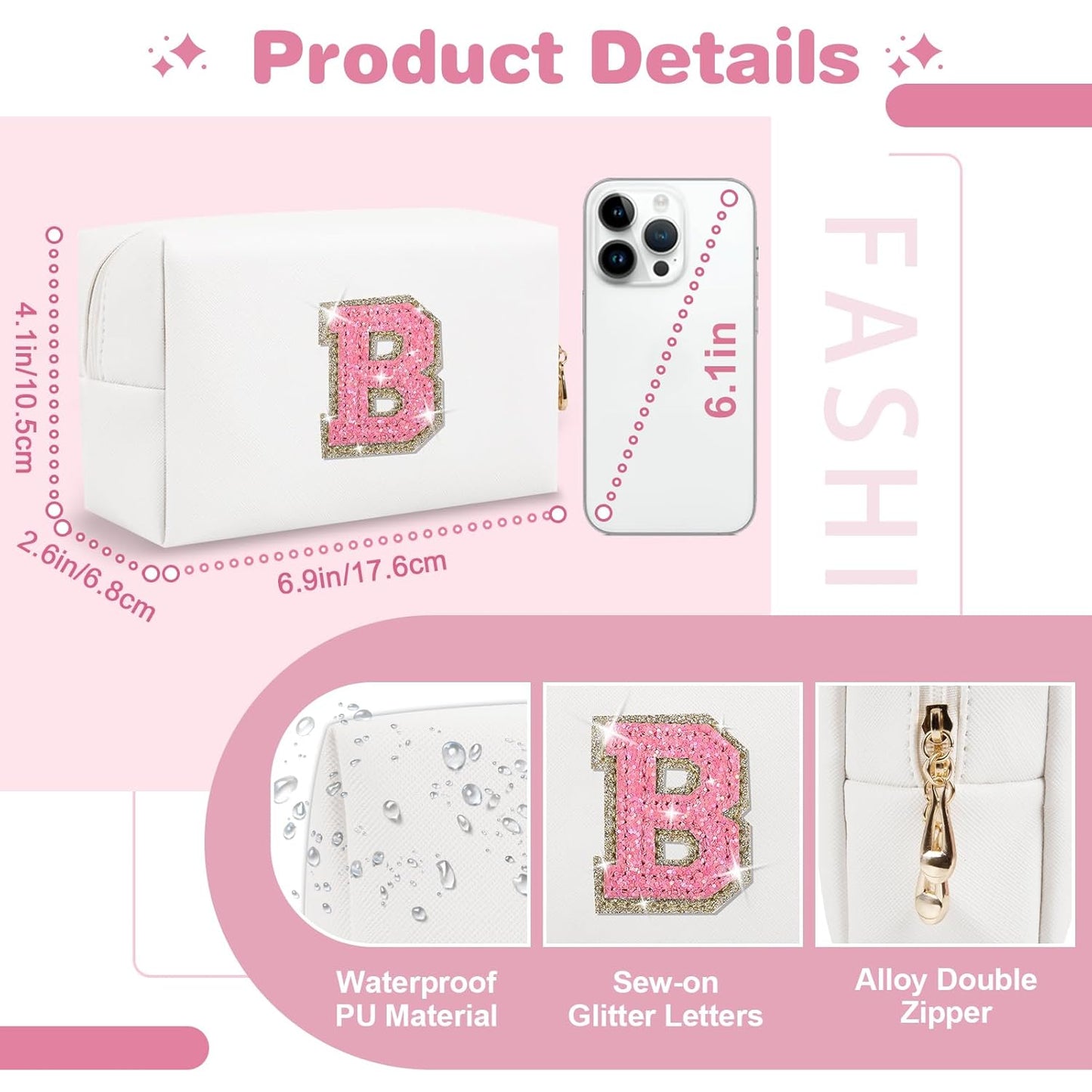 Small Initial Patch Makeup Bag Personalized Gifts Make Up Bag,White Cute PU Leather Glitter Letter Cosmetic Bag with Zipper,Trendy Portable Travel Toiletry Pouch,Preppy Stuff for Teen Girls Women B