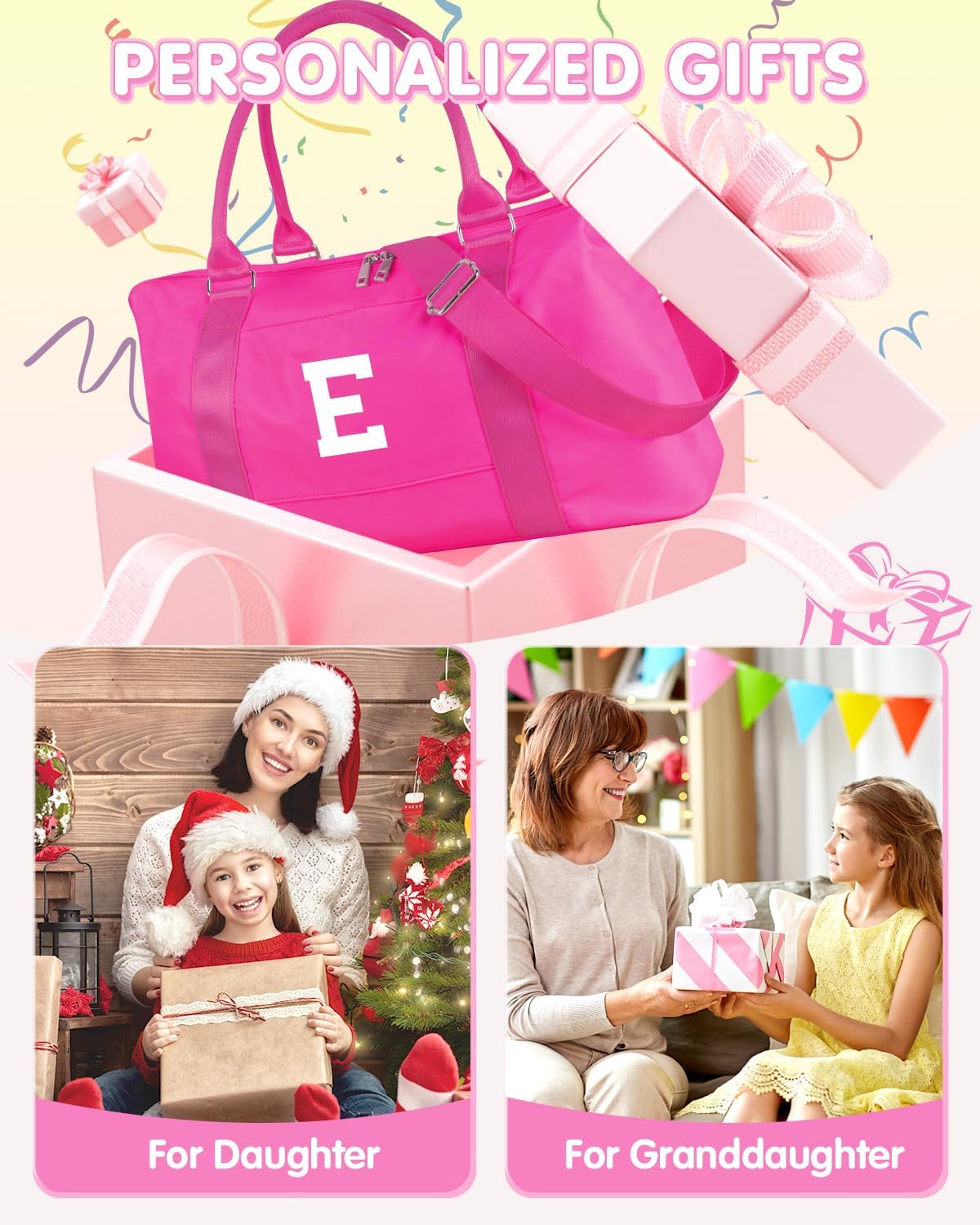 Overnight Bag for Kids Teen Girls Weekender Dance Bag Birthday Graduation Gifts,Initial Travel Duffel Bag Sports Gym Bag Personalized Weekender Bag Carry On Bags Preppy Gifts for Women(Hot Pink, E)