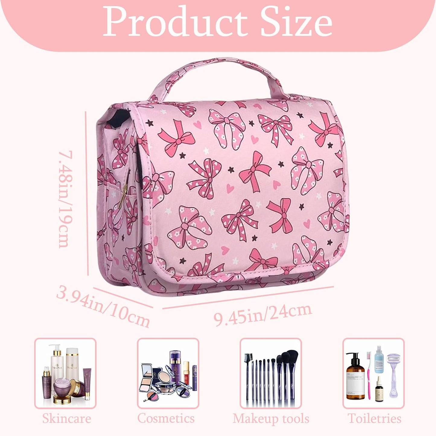 Crazy Bison Pink Bows Hanging Travel Toiletry Bag Kit Makeup Bag Cosmetics Organizer for Men Women (Pink Bows)