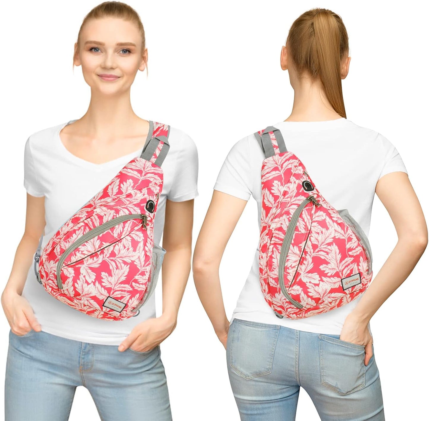ZOMAKE Sling Bag,Small Crossbody Sling Backpack,Water Resistant Shoulder Daypack for Travel,Anti Thief Chest Bag for Hiking(Fushcia White Leaf)