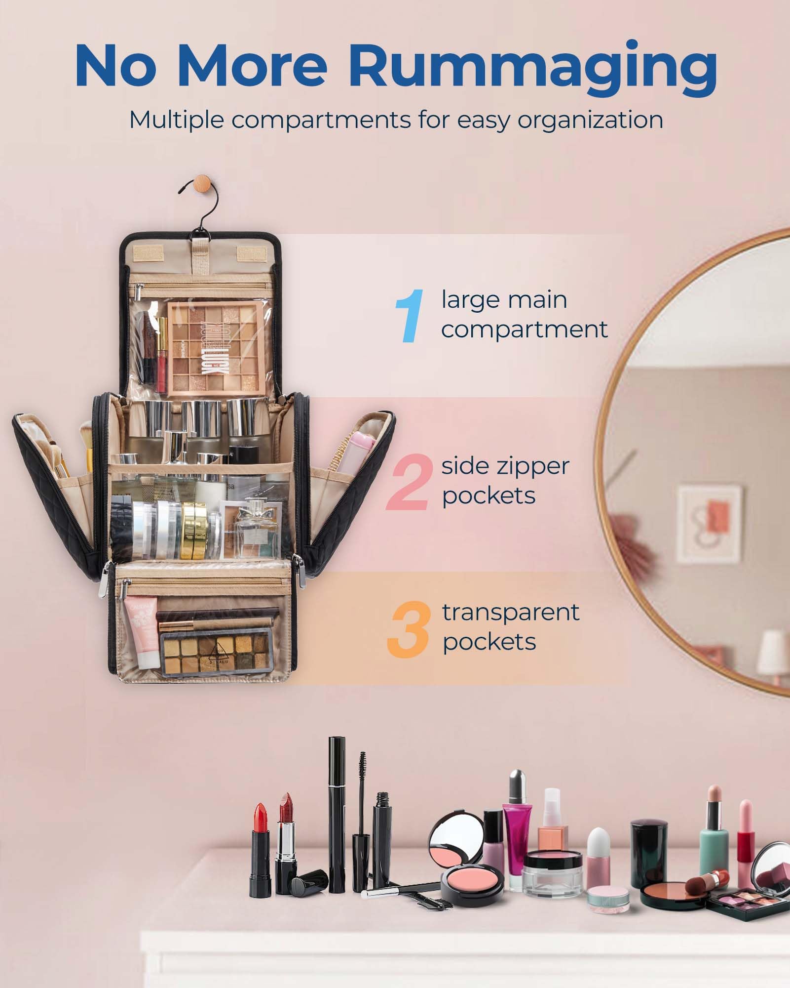 BAGSMART Makeup Bag for Women with Hanging Hook - Portable Cosmetic Case, Large Capacity Door Room