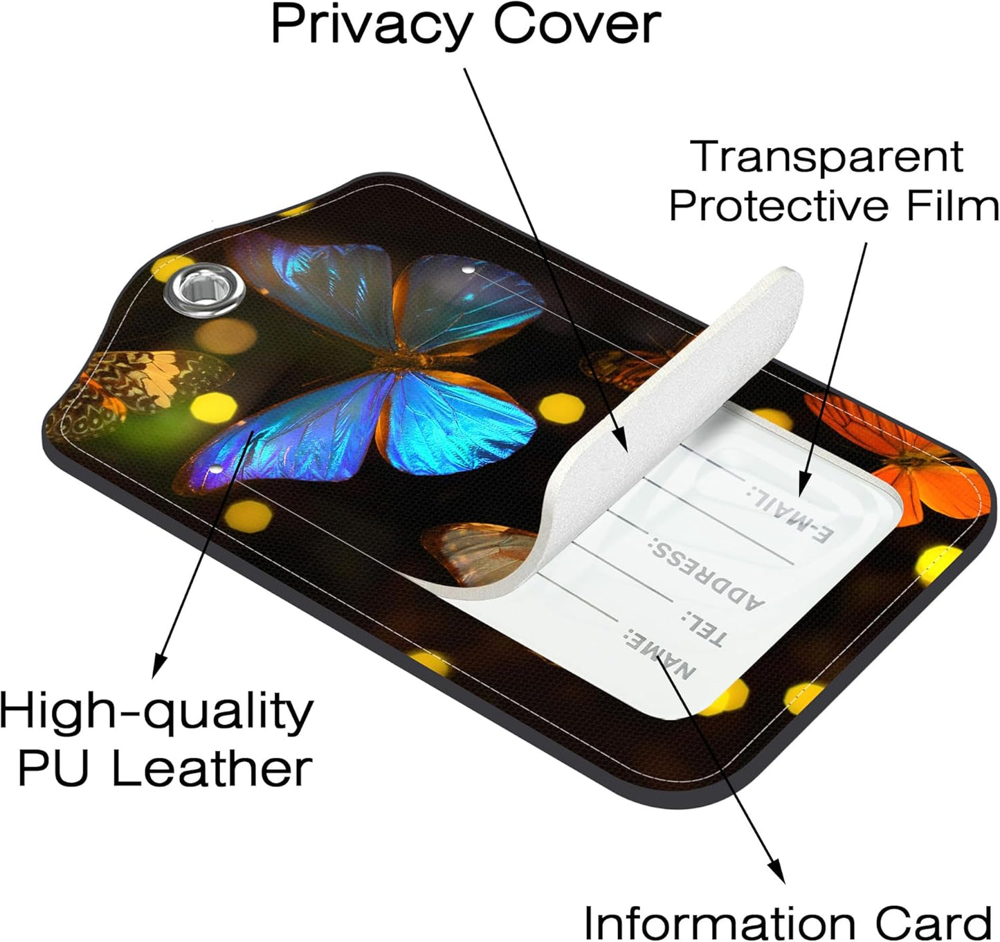 2 Pack Luggage Tags for Suitcase,Golden Butterflies PU Leather Idea Baggage Tag with Name Labels Privacy Cover Metal Ring Men and Women Travel Cruise Labels