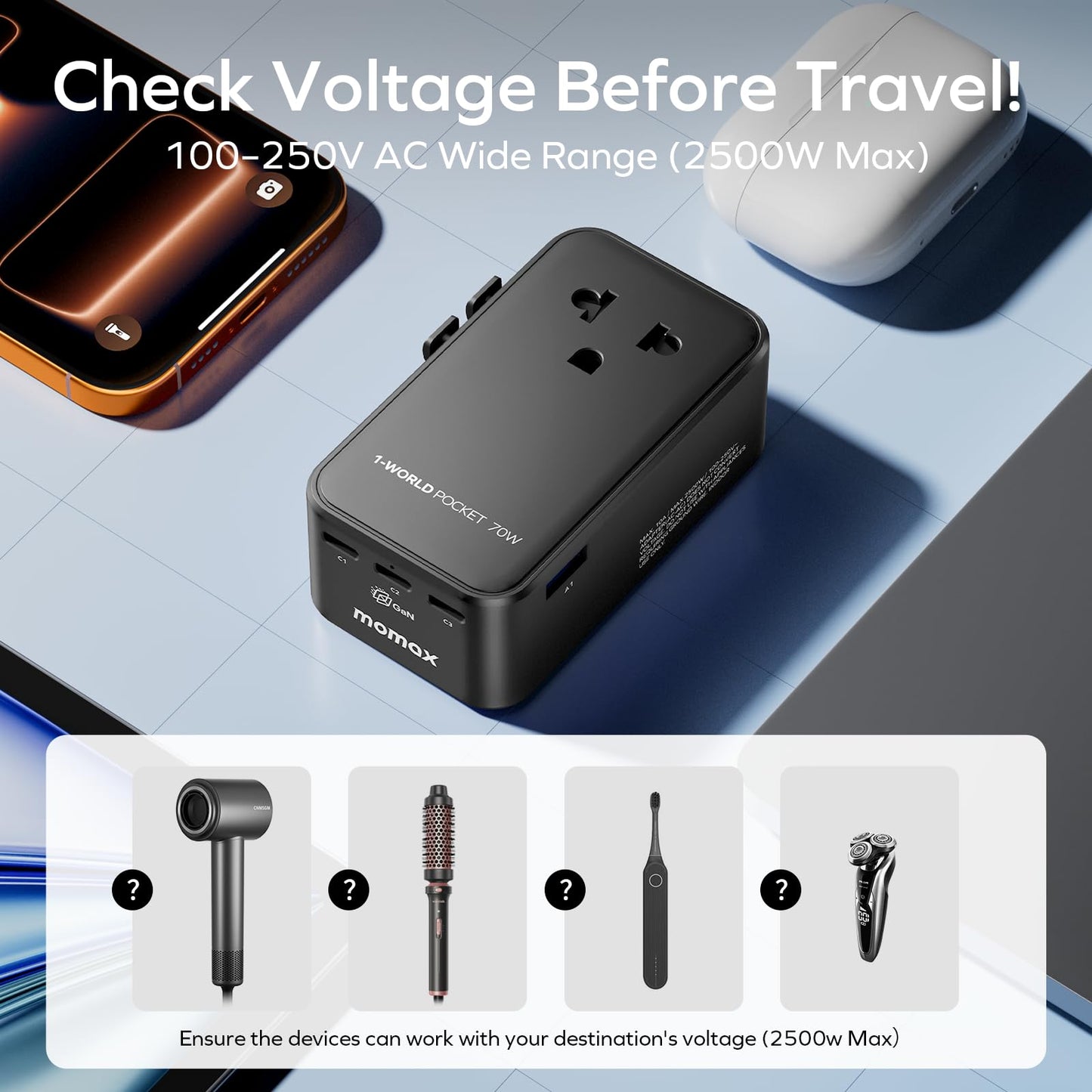 (2026 NEW) MOMAX Universal Travel Adapter, Ultra-Thin 70W GaN International Plug Adapter with 3
