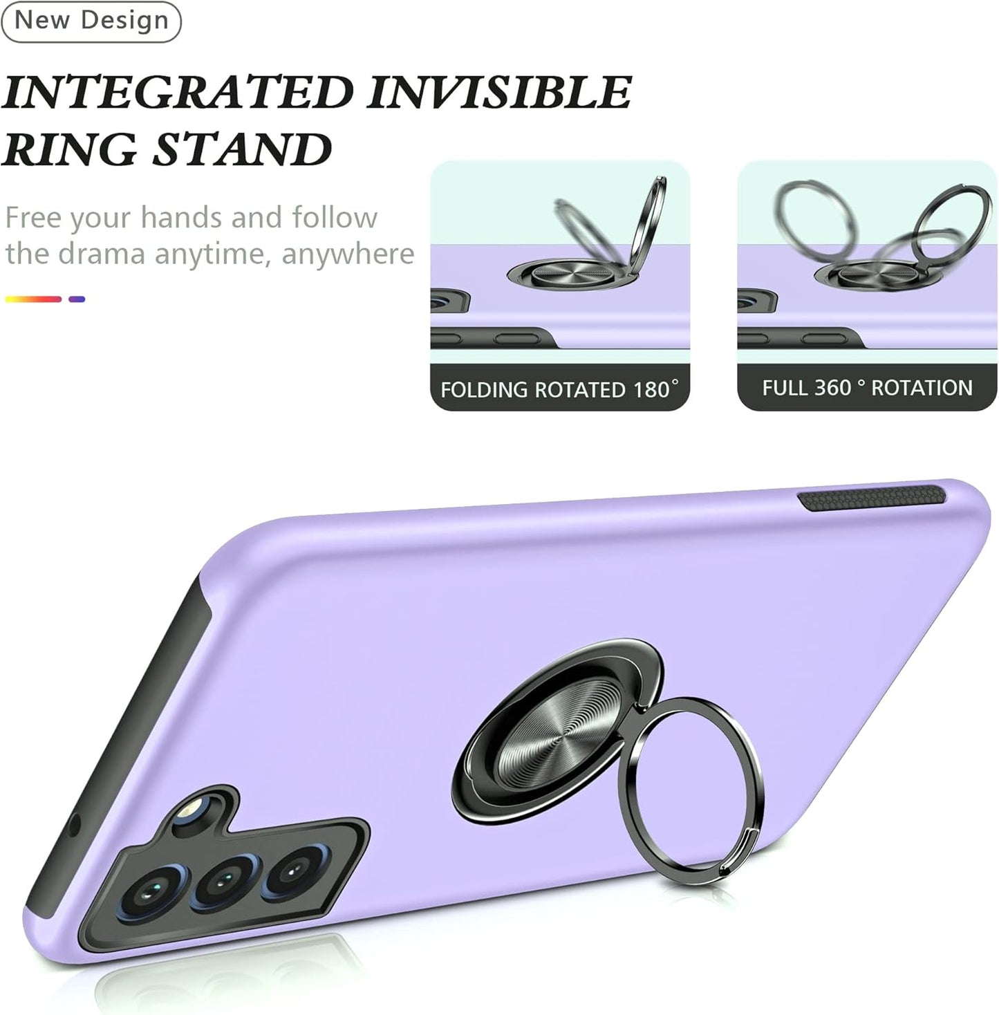 Galaxy S21 FE 5G Case with Nano Explosion-Proof Film - 2 Pack Military Grade Double Shockproof Invisible Kickstand Case - Purple