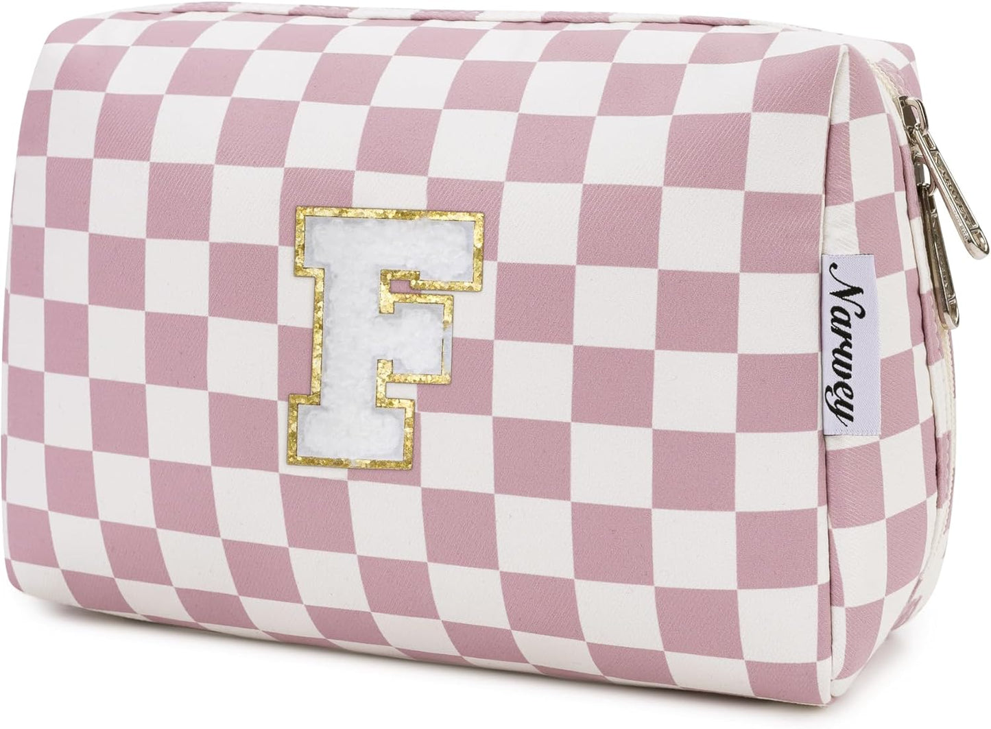 Narwey Birthday Gifts for Teen Girls Kids Women Personalized Initial Checkered Makeup Bag Pink Monogram Cosmetic Bag Trendy Stuff 6 8 10 11 12 13 14 16 18 Years Old Travel Toiletry Bag (Dusty Rose F)