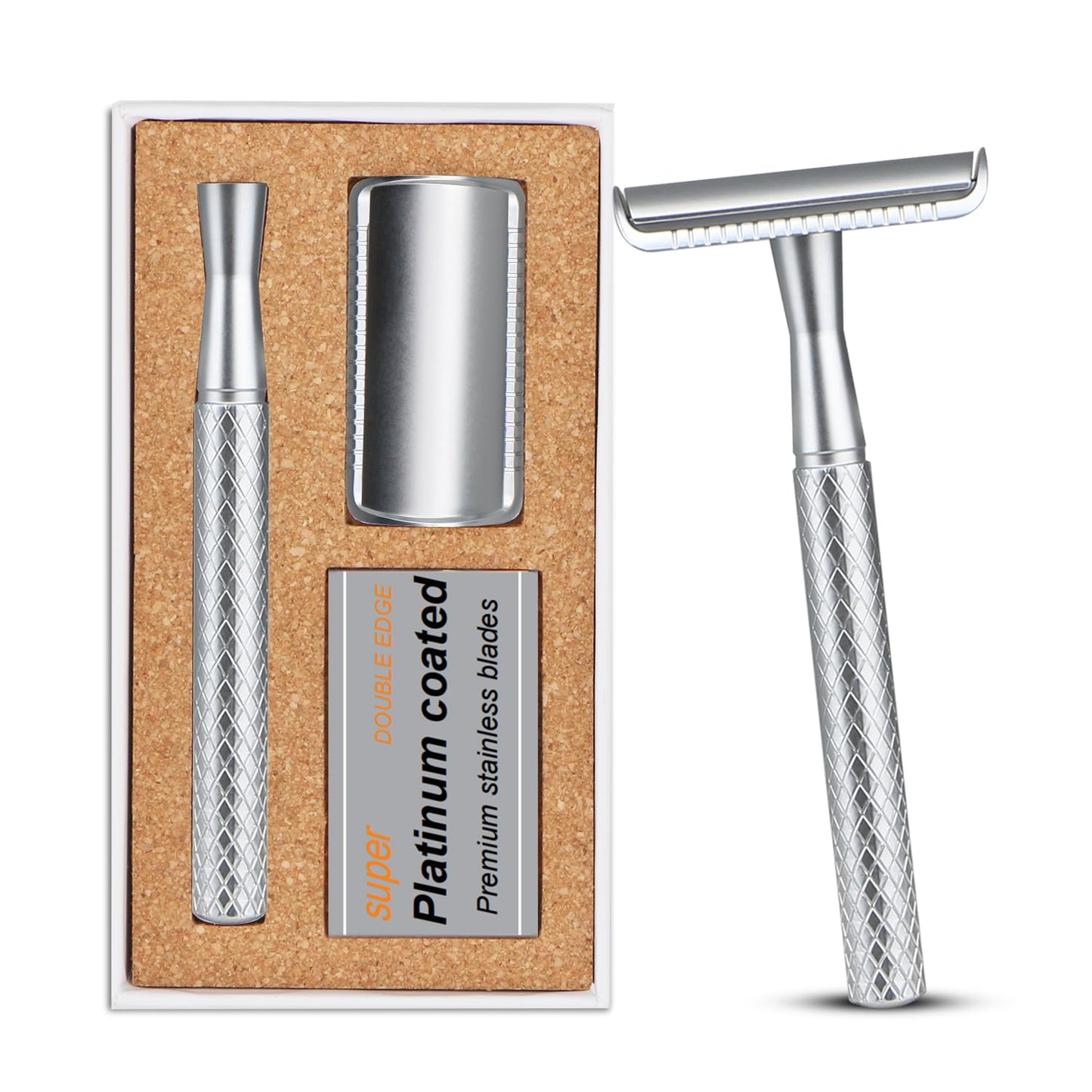 Matte Silver Safety Razor - Single Blade Razors for Men - Reusable Metal Razor, with 5 Stainless Steel Double Edge Blades, Smooth Close Shave, Sustainable, Plastic Free