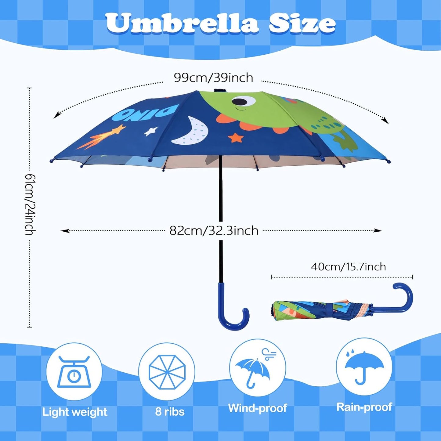 Kids Umbrella, Safety Windproof Umbrella with Easy-Grip Hook Handle for Toddler Girls and Boys